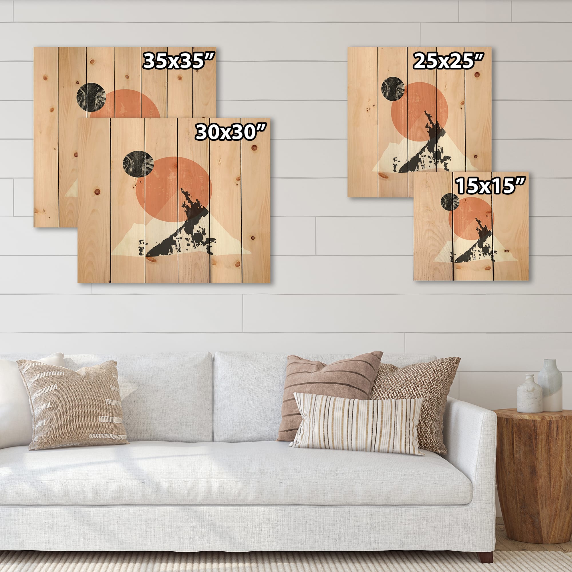 Designart - Modern Minimalist Mountain Sun and Moon - Modern Print on Natural Pine Wood