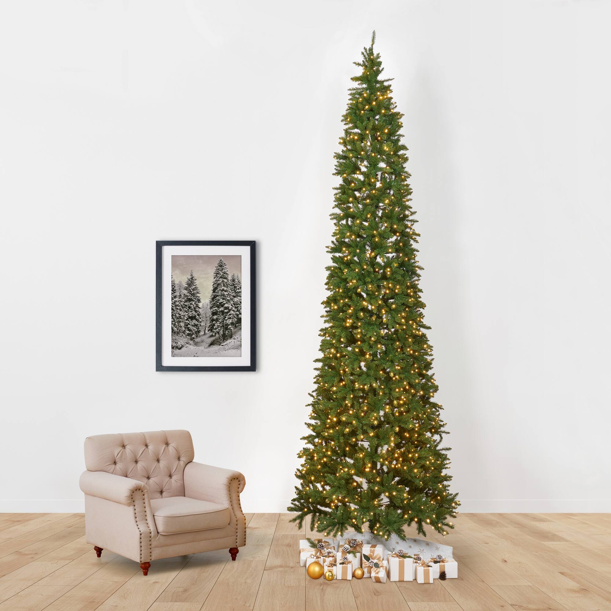 13ft. Pre-Lit Green Mountain Pine Slim Artificial Christmas Tree, Warm White LED Lights