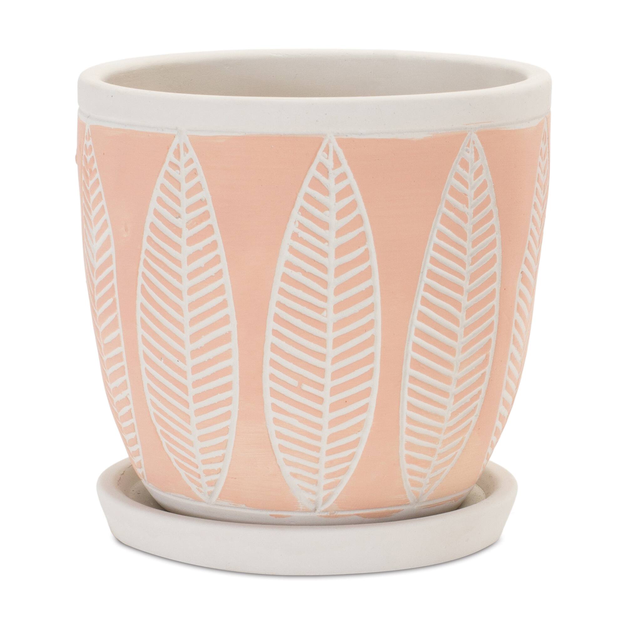 Pink Leaves Cement Planters with Plates Set