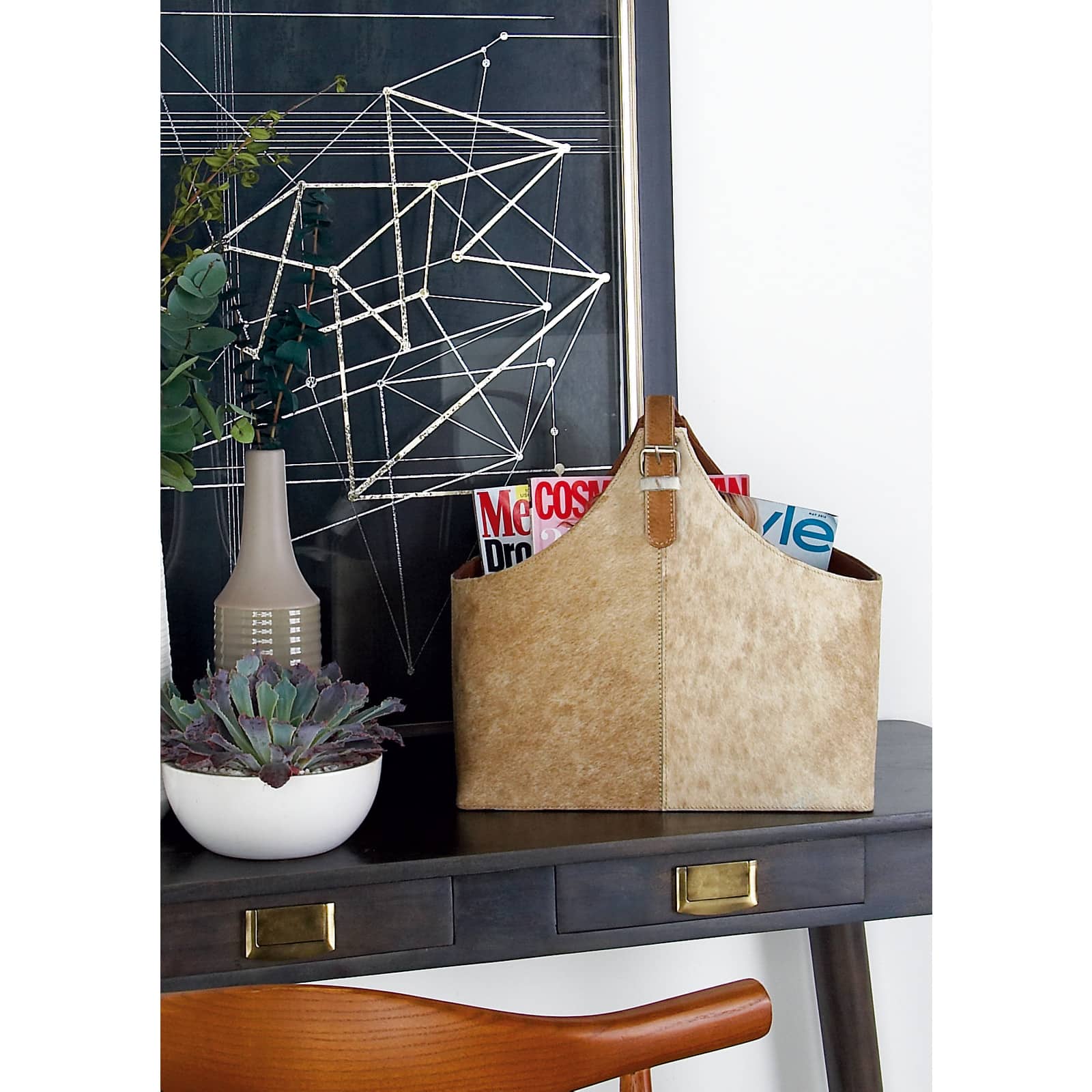17&#x22; Brown Leather Modern Magazine Rack Holder