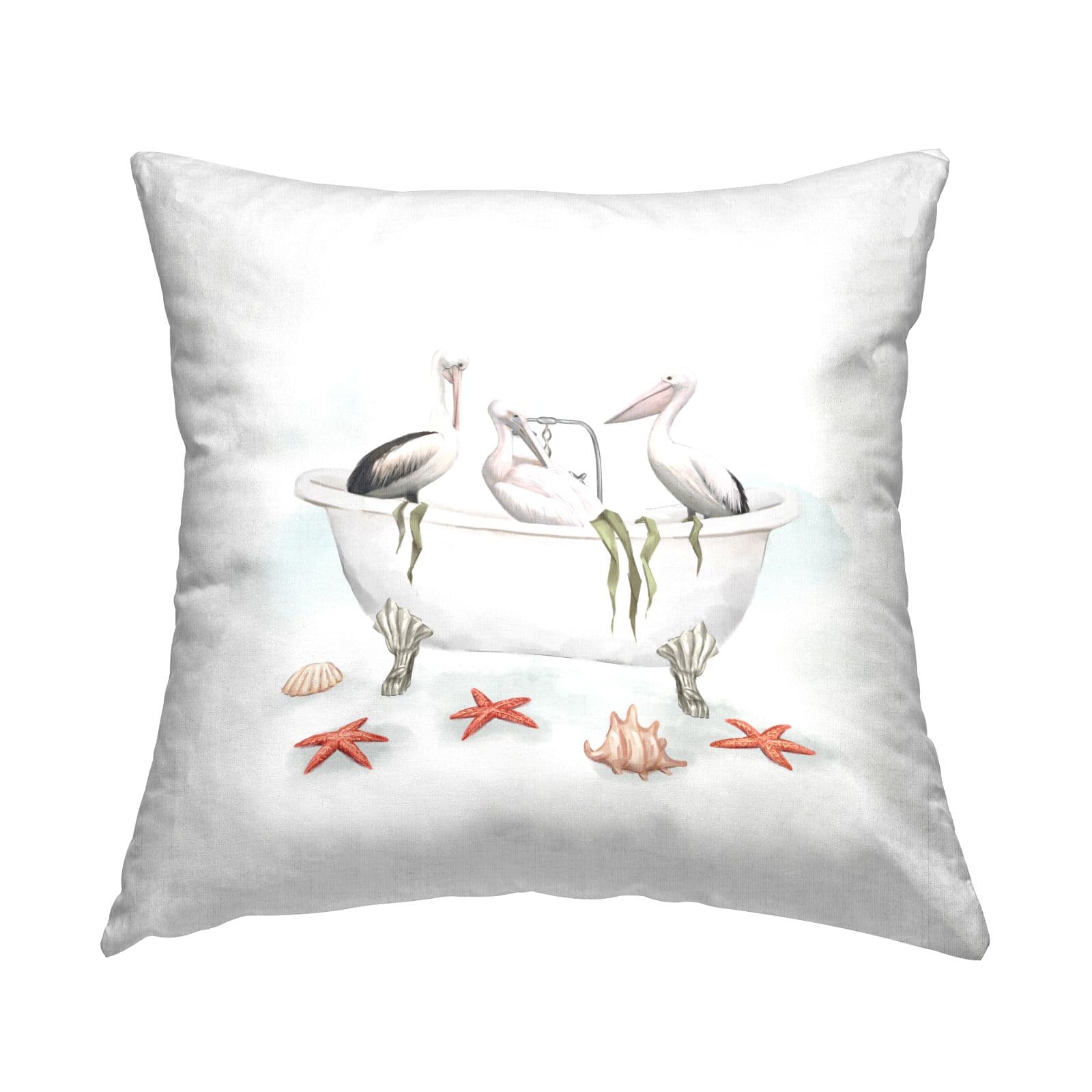 Stupell Industries White Pelican Birds Vintage Bathtub Nautical Shells Throw Pillow, 18" x 18"