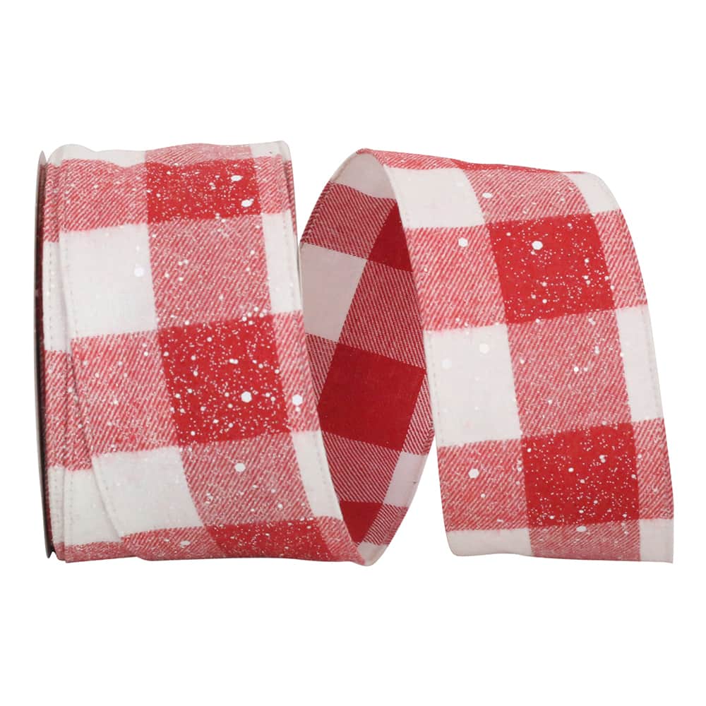 Reliant 2.5" x 20yd. Snow Speckled Red & White Buffalo Check Wired Ribbon, 20yd.