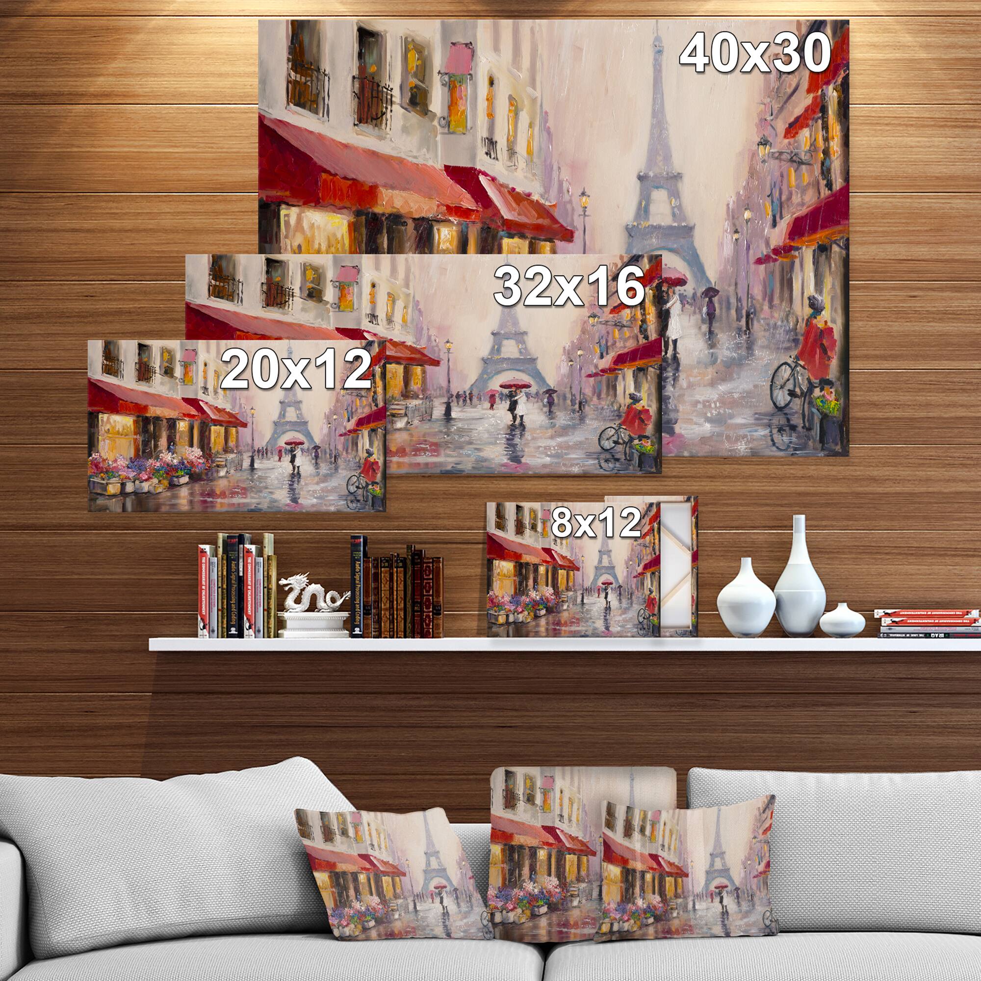 Designart - Lovers in Paris Eiffel Tower - Cityscapes Painting Print on Wrapped Canvas