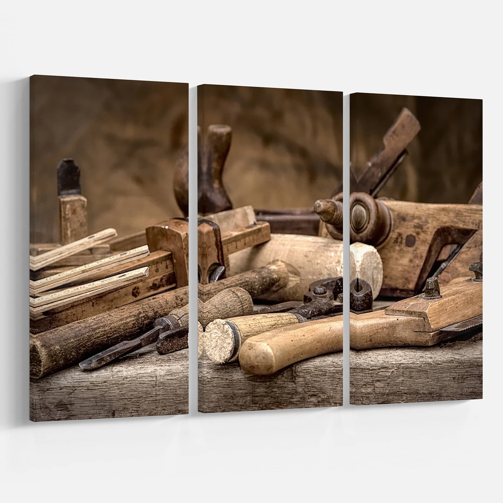 Designart - Vintage woodworking tools - Vintage Painting Print on Wrapped Canvas set