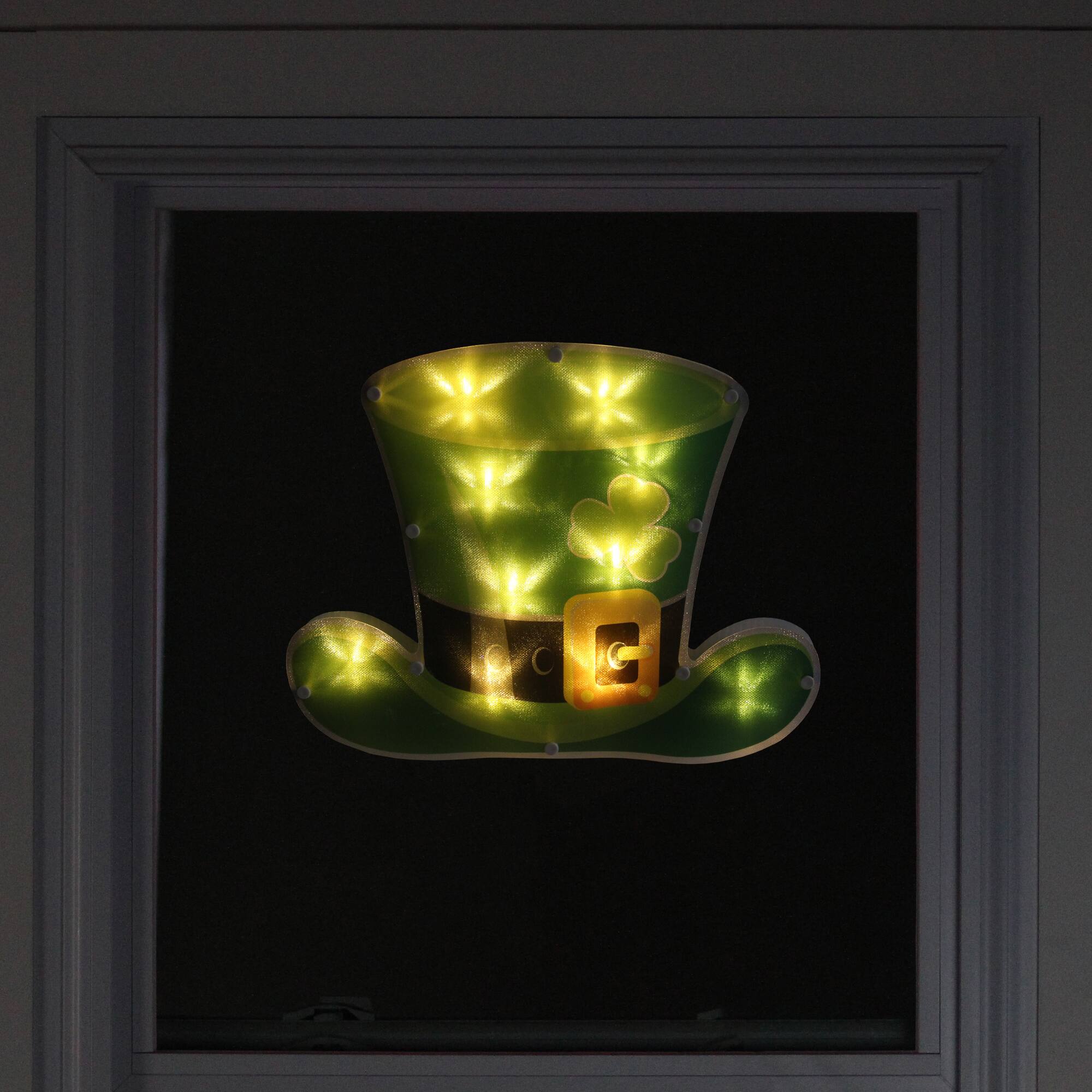 12.5&#x22; St. Patrick&#x27;s Day Leprechaun Hat LED Lighted Window Silhouette