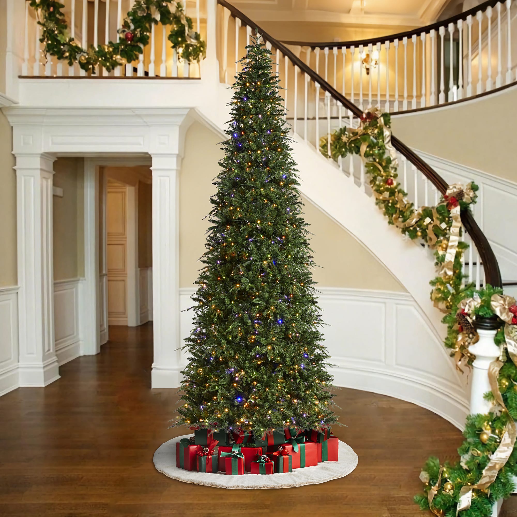 Glitzhome&#xAE; 11ft Pre-Lit Green Slim Fir Artificial Christmas Tree, Multicolor LED Lights