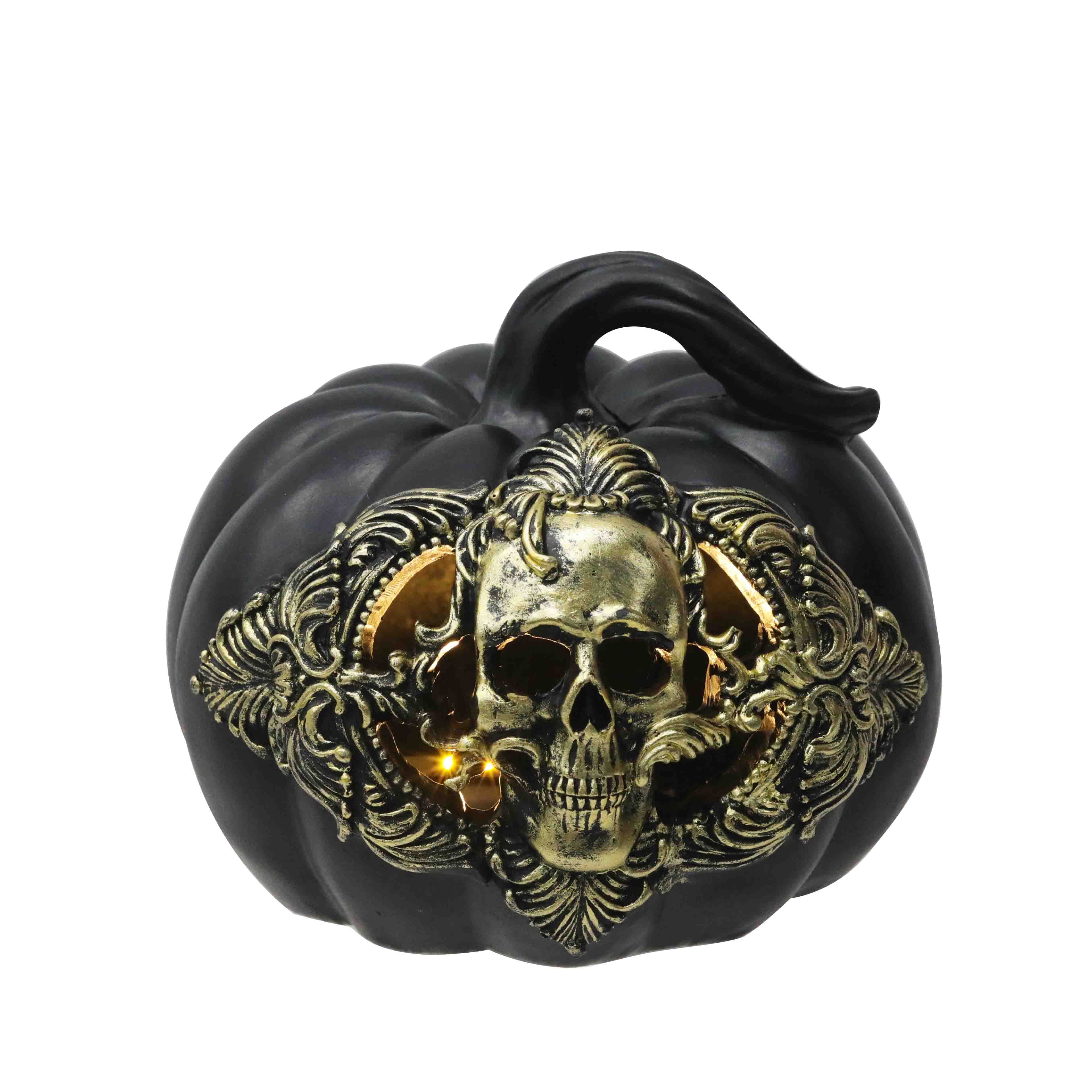 4.9&#x22; Black &#x26; Gold LED Skull Pumpkin Decoration by Ashland&#xAE;