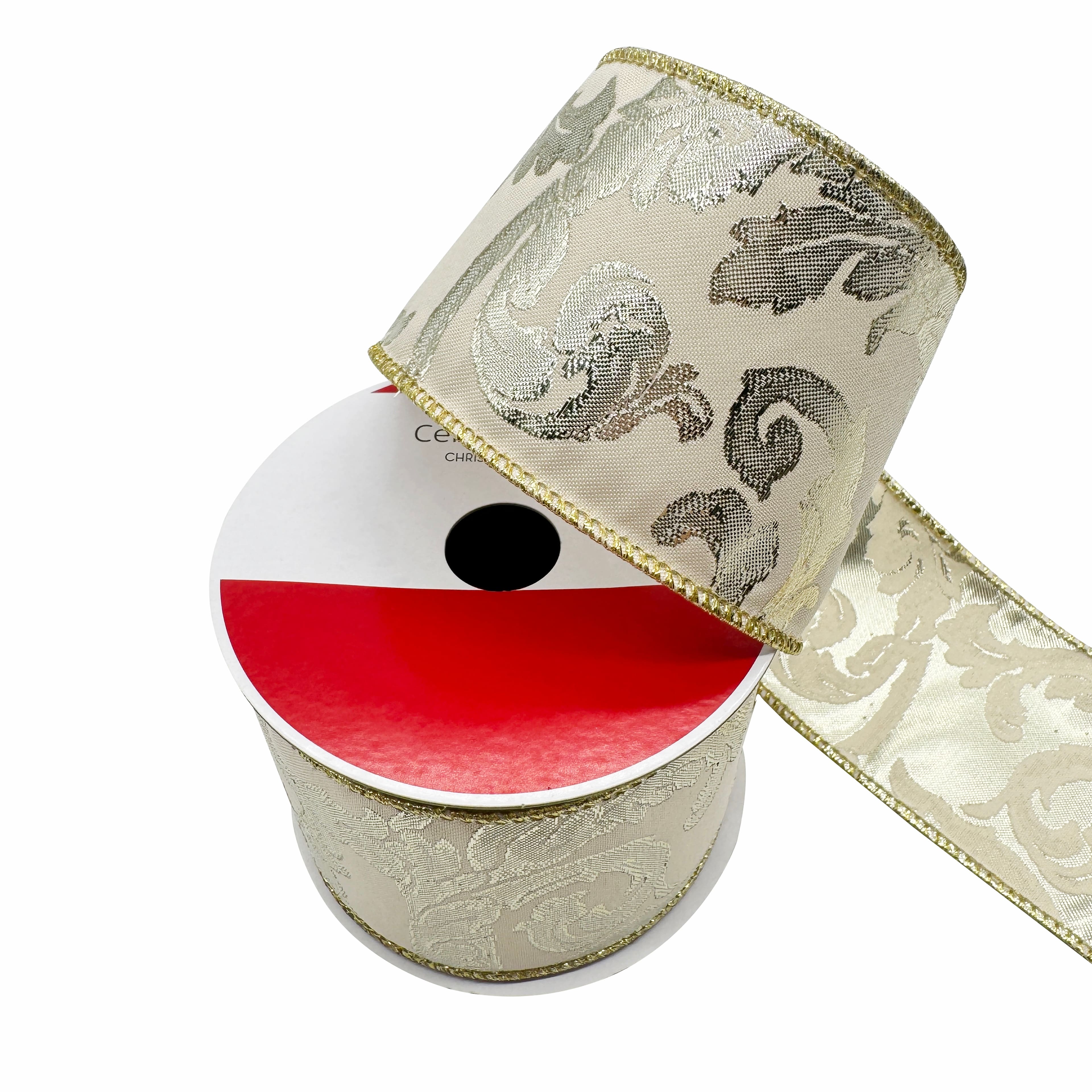 2.5&#x22; x 20ft. Cream &#x26; Silver Jacquard Scroll Wired Ribbon by Celebrate It&#xAE;