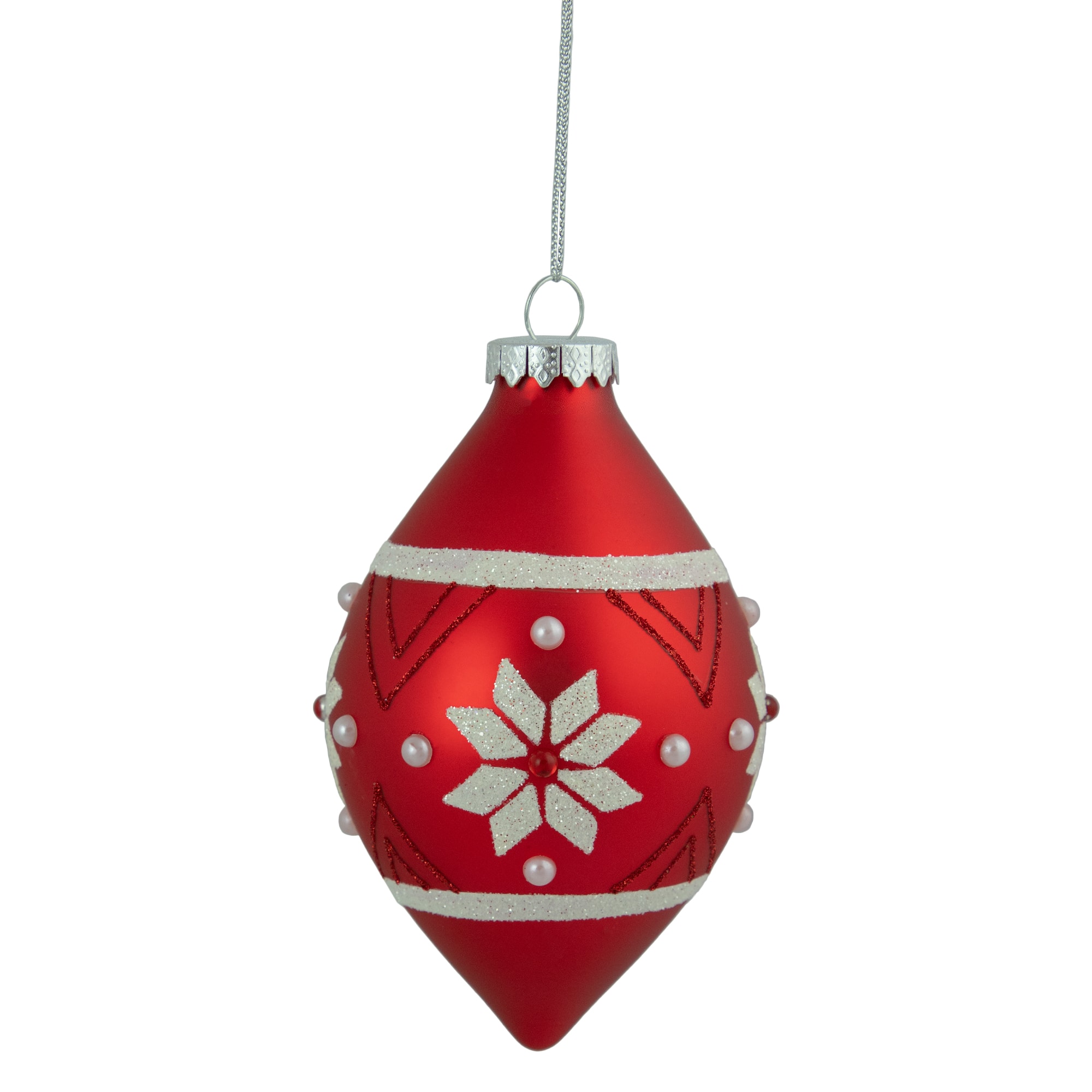 5&#x22; Glittered Red &#x26; White Snowflake Glass Finial Christmas Ornament