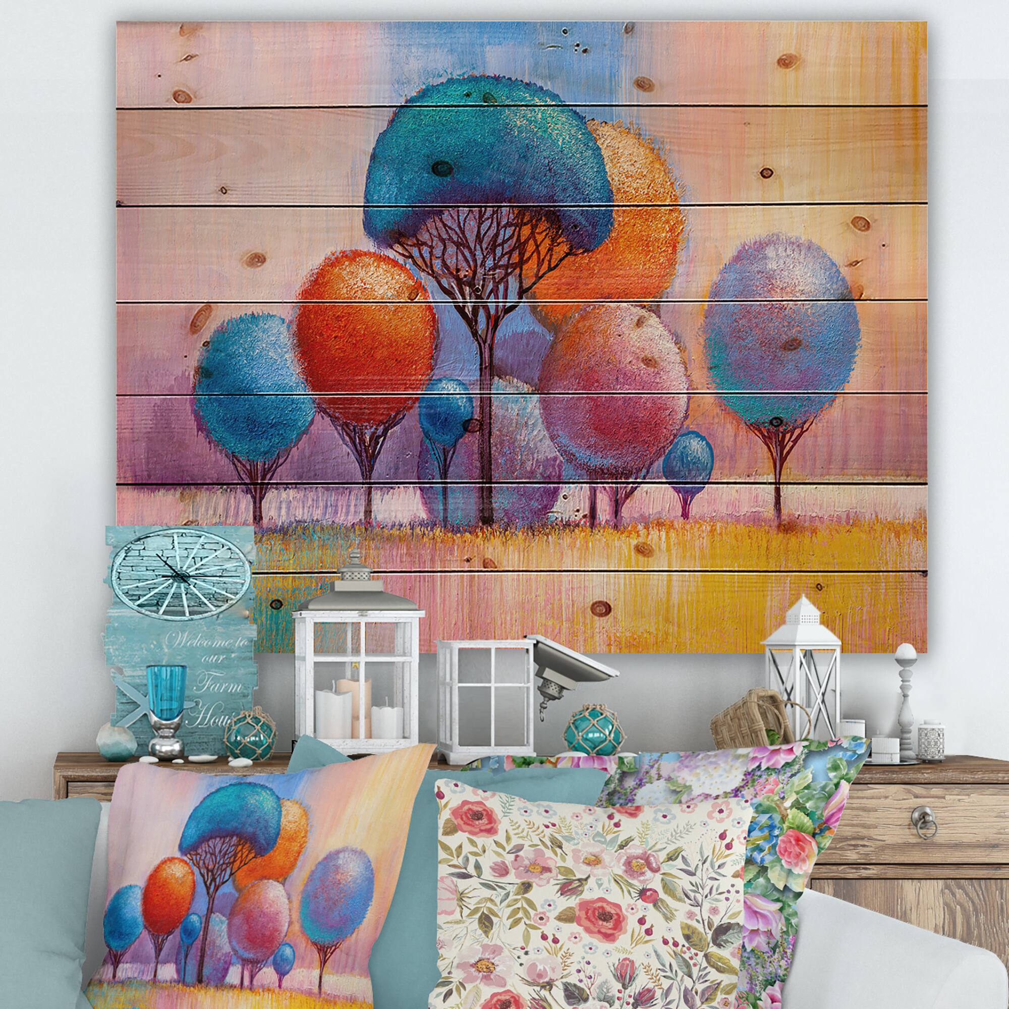 Designart - Autumn Fantasy Trees II - Modern Print on Natural Pine Wood