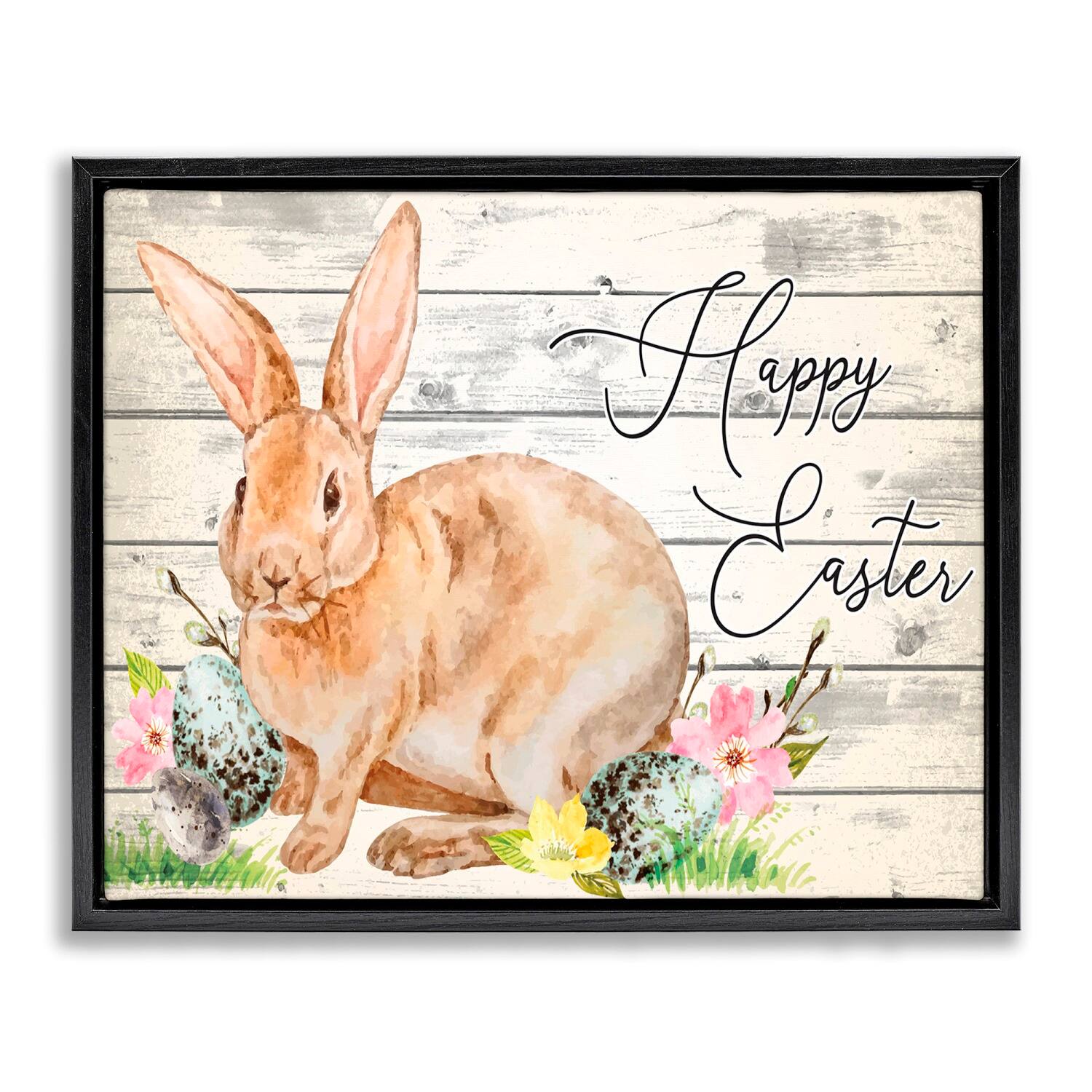 Stupell Industries Spring Floral Happy Easter Bunny Floater Framed Art