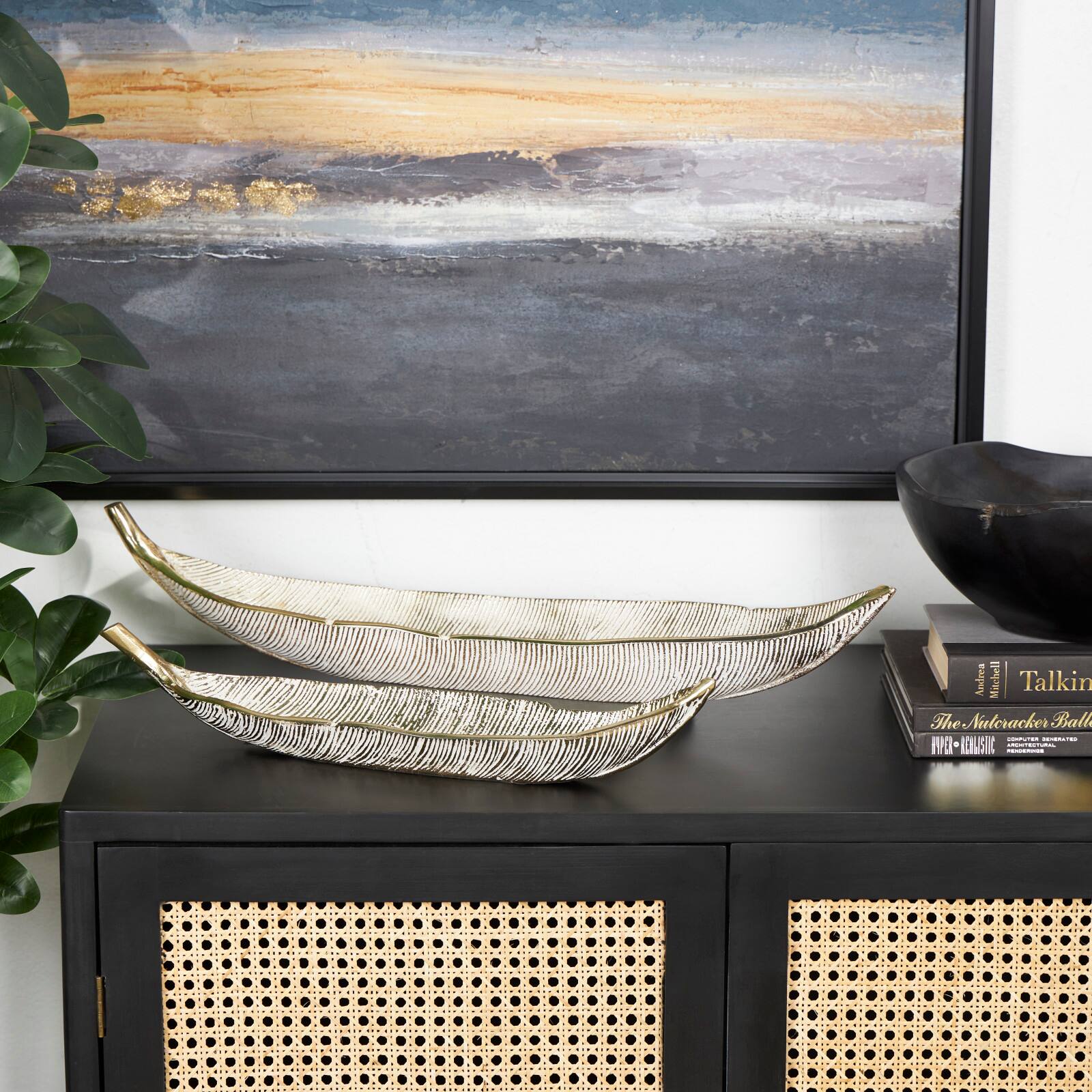 Silver Aluminum Leaf Slim Carved Decorative Bowl Set with Gold Metallic Accents