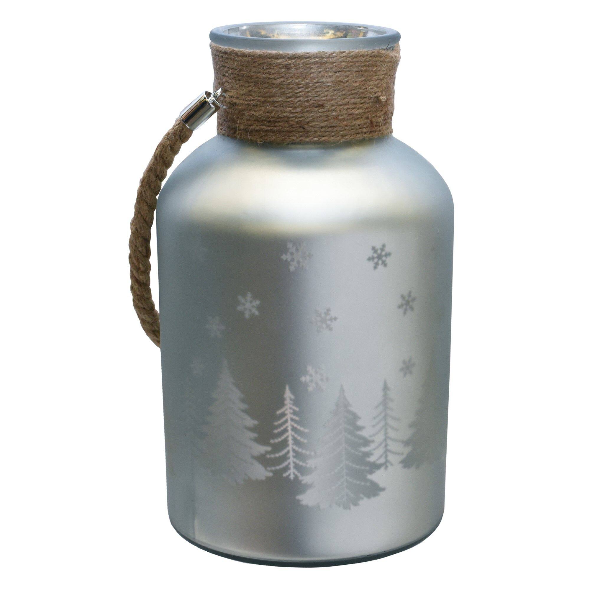 12&#x22; Christmas Trees and Snowflakes Pillar Candle Holder with Handle