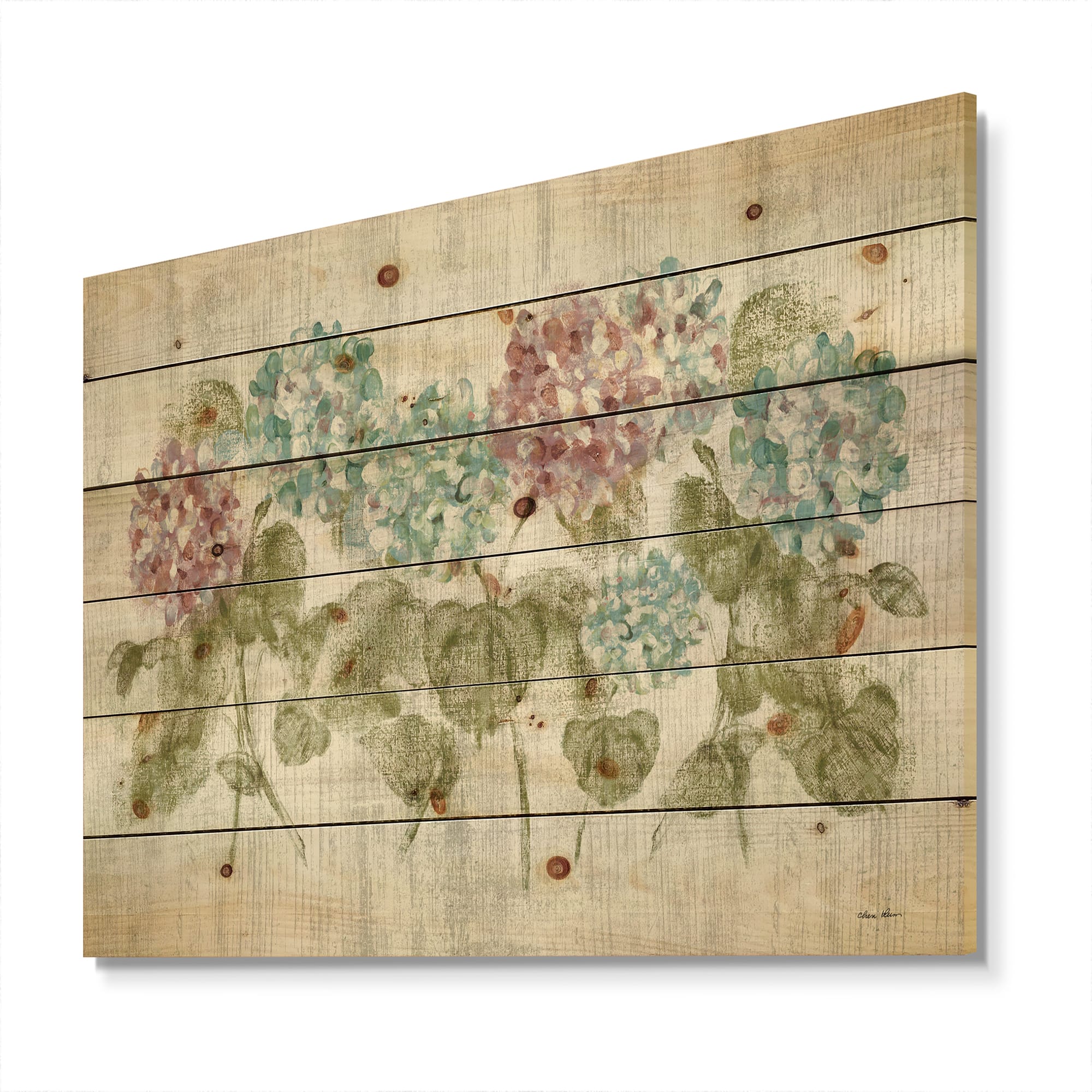 Designart - Red and Blue Vibrant Hydrangea Flowers - Cabin &#x26; Lodge Print on Natural Pine Wood
