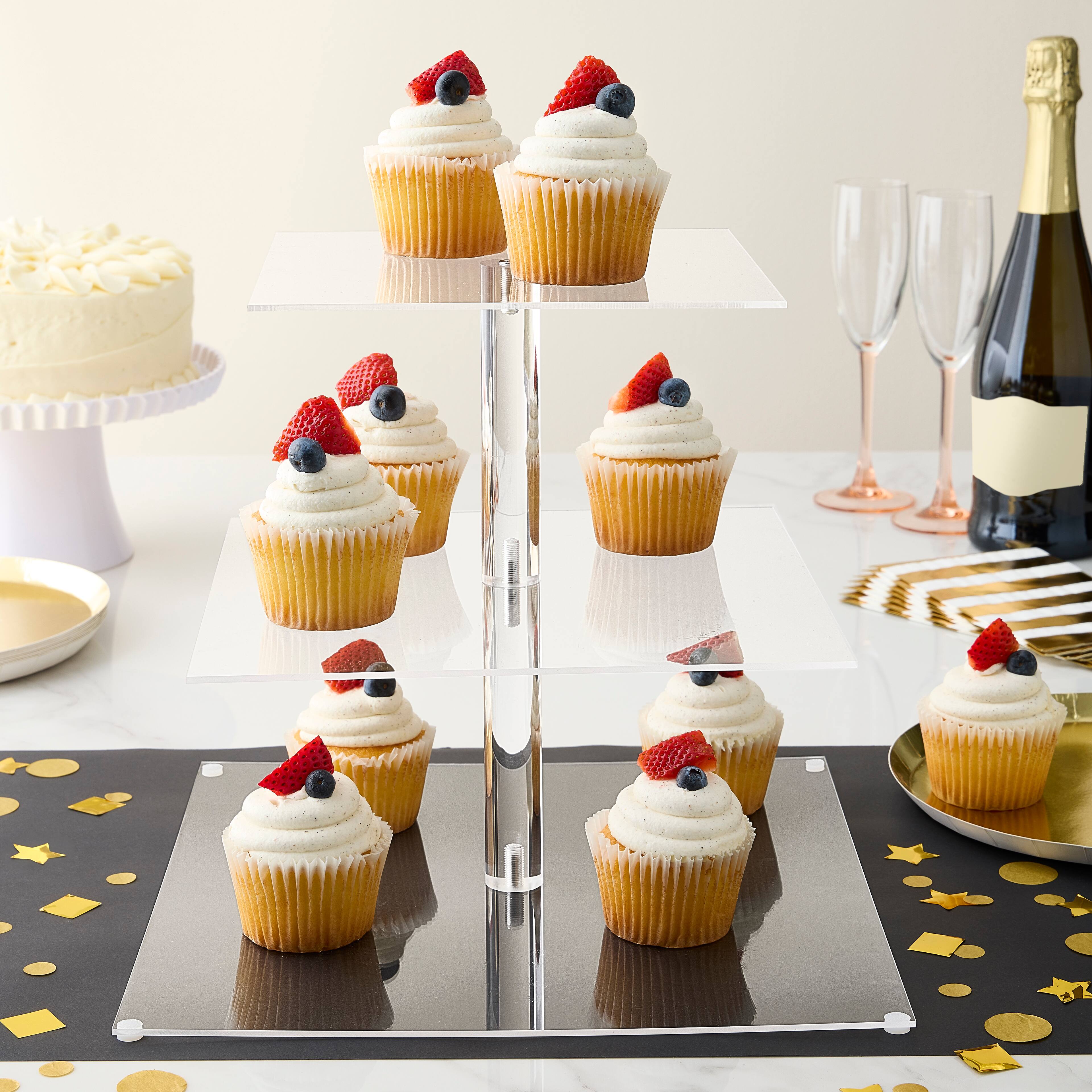 6 Pack: 11" Clear Square 3-Tier Acrylic Treat Stand by Celebrate It™