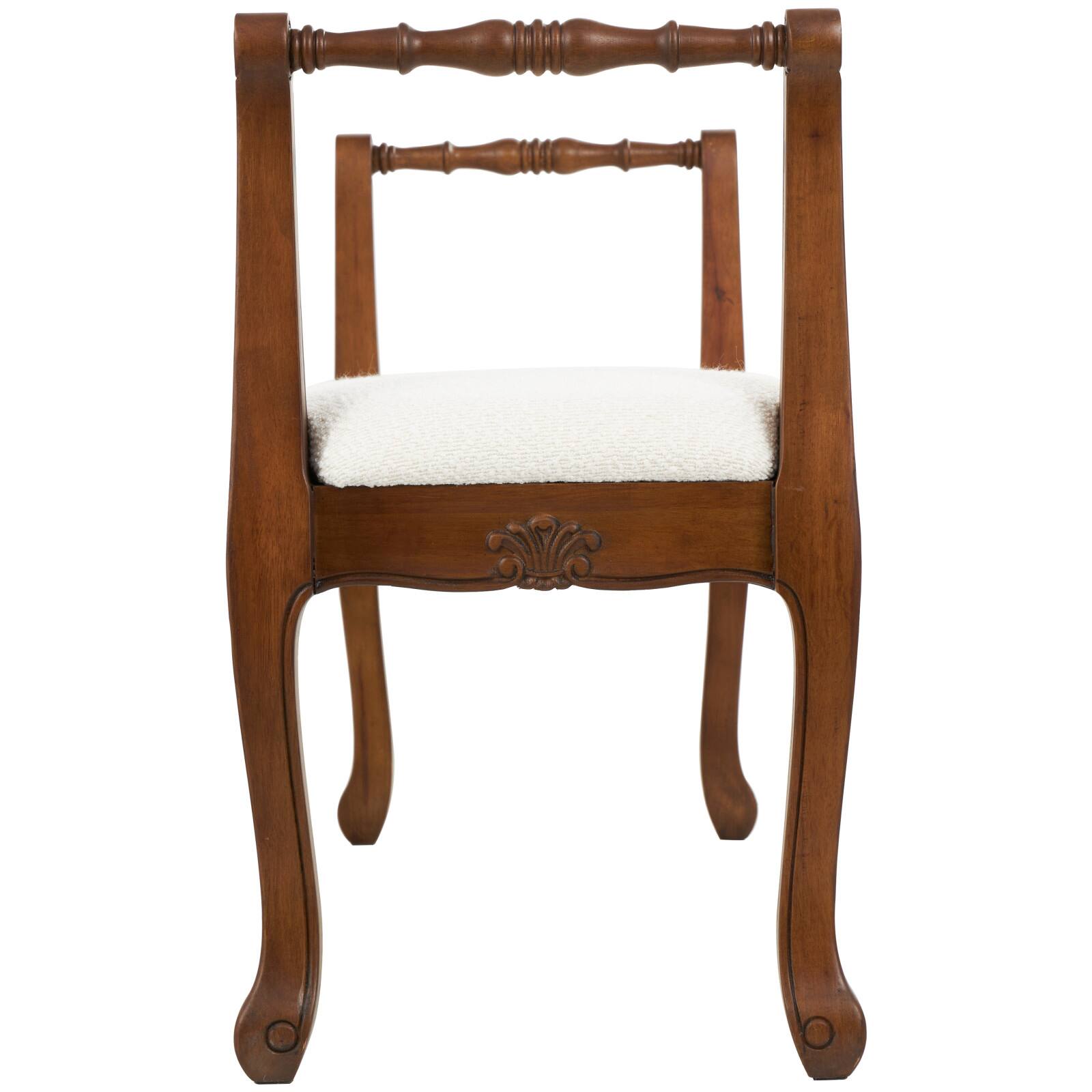 55" Cream Fabric Arm Bench with Brown Traditional Wood Turned Legs