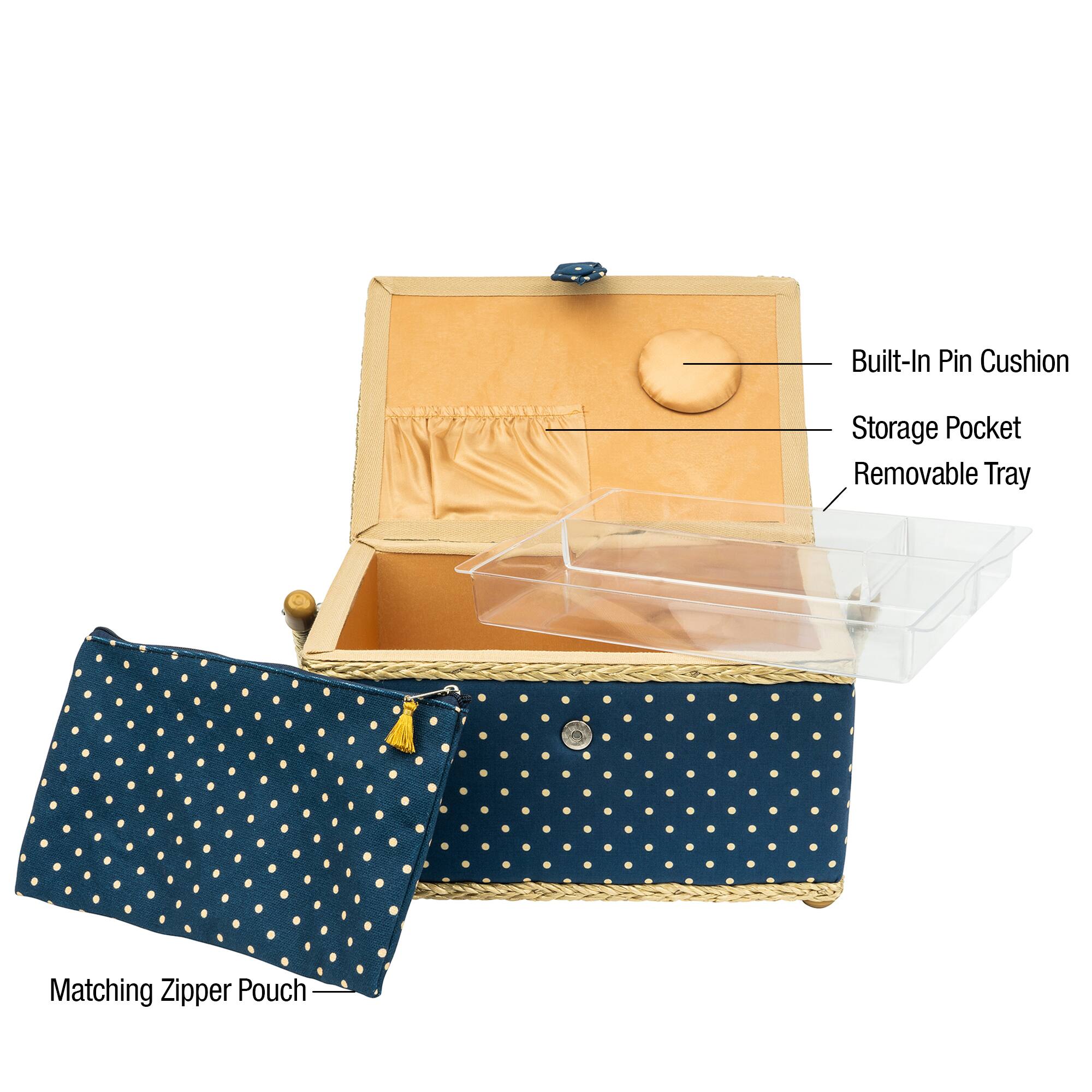 SINGER&#xAE; Large Blue Polka Dot Print Sewing Basket with Matching Zipper Pouch