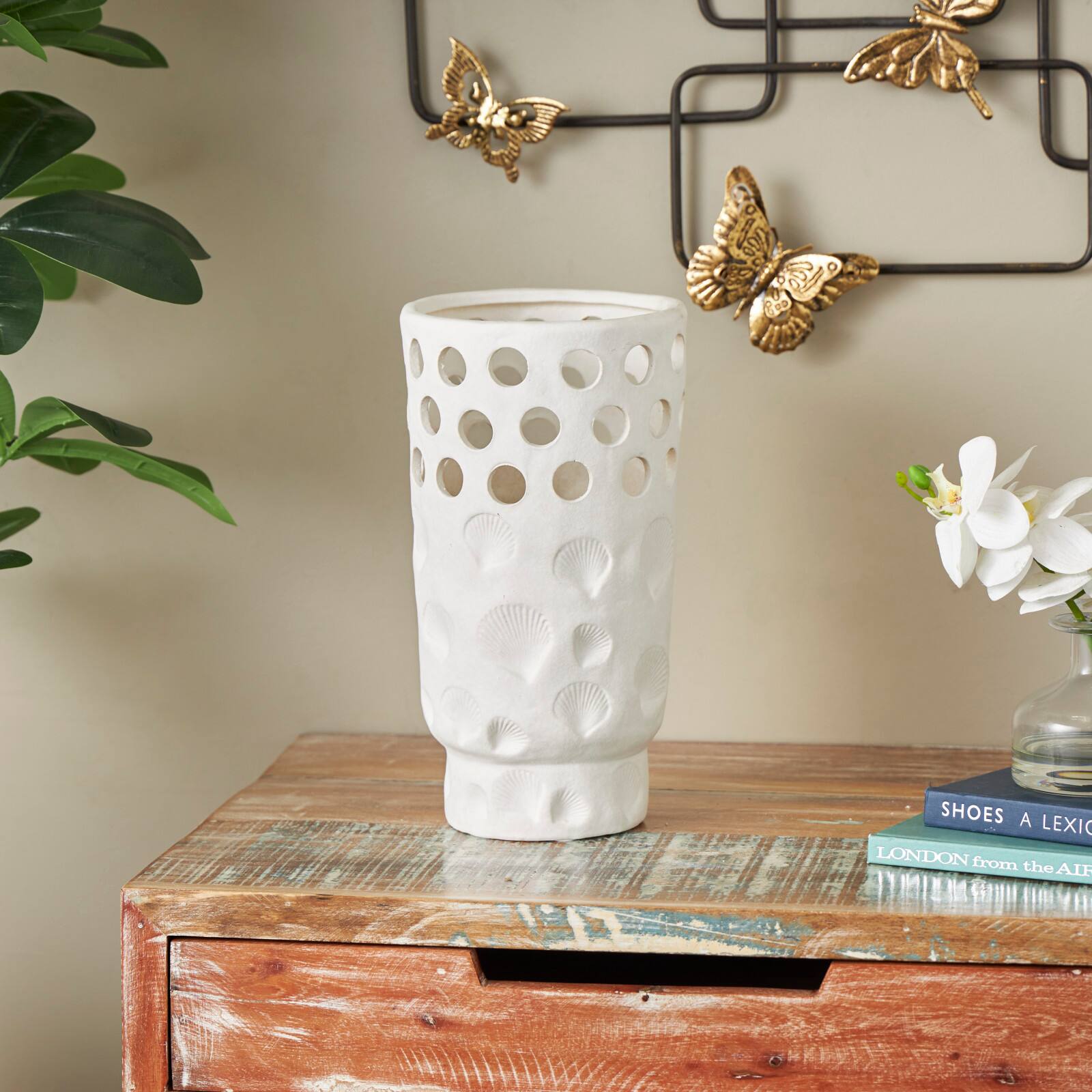 13" White Ceramic Shell Vase