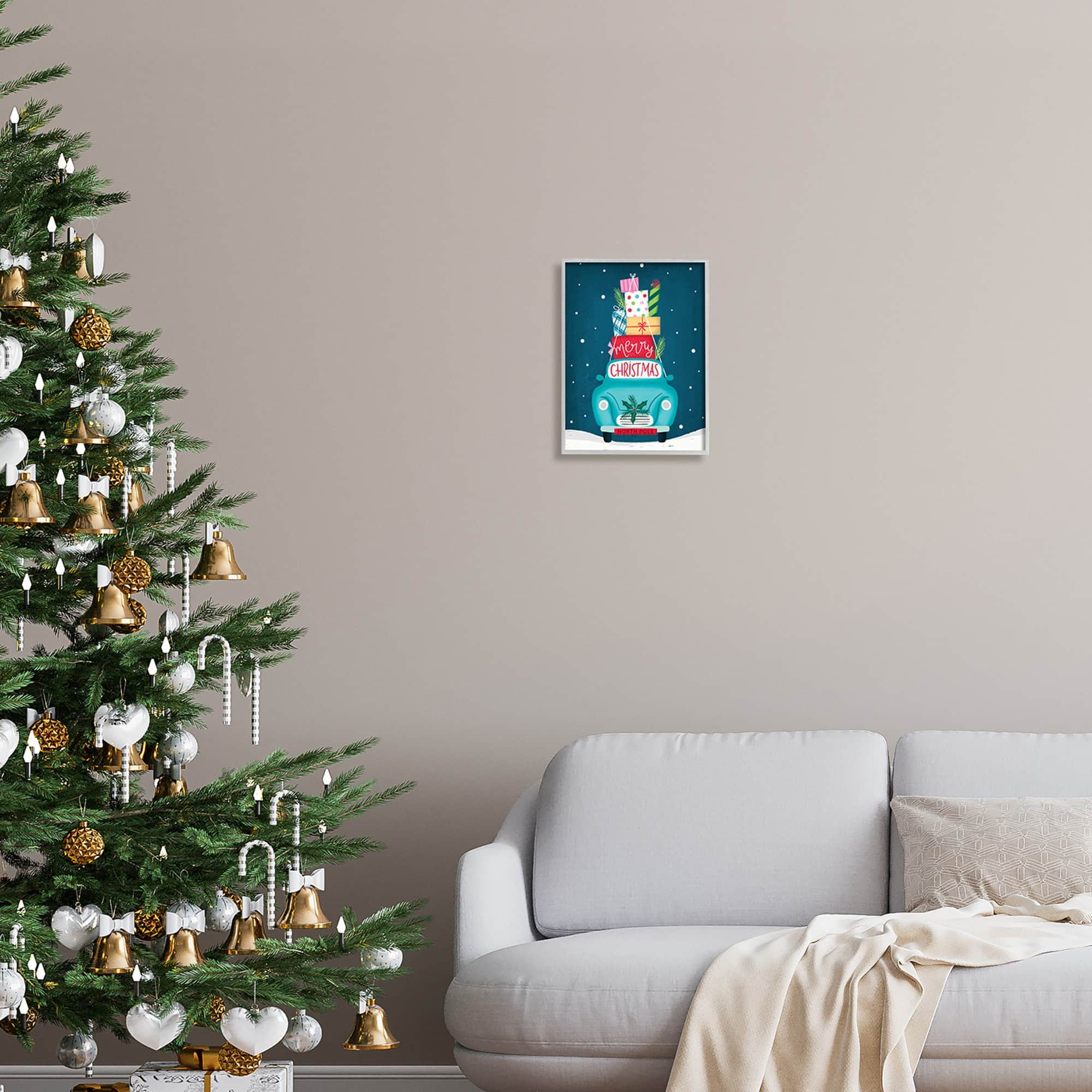 Stupell Industries Merry Christmas Stacked Gifts Car Framed Giclee Art