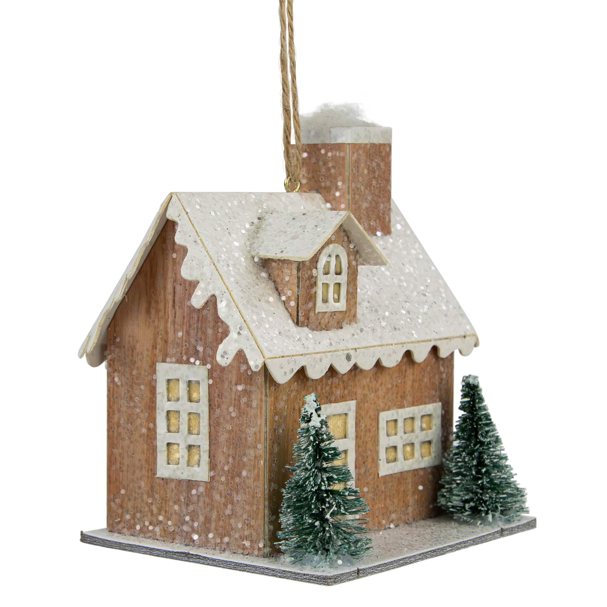 4&#x22; Battery Operated Tan Brown and White Lighted House Christmas Ornament