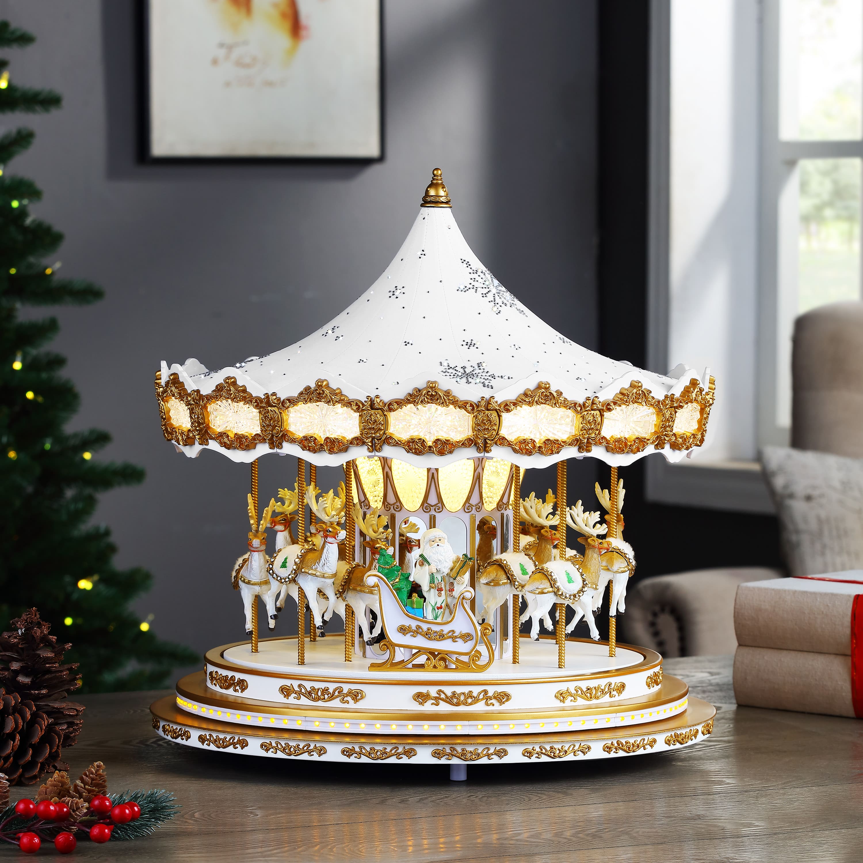 90th Anniversary Collection 17&#x22; White Animated &#x26; Musical LED Crystal Carousel Accent