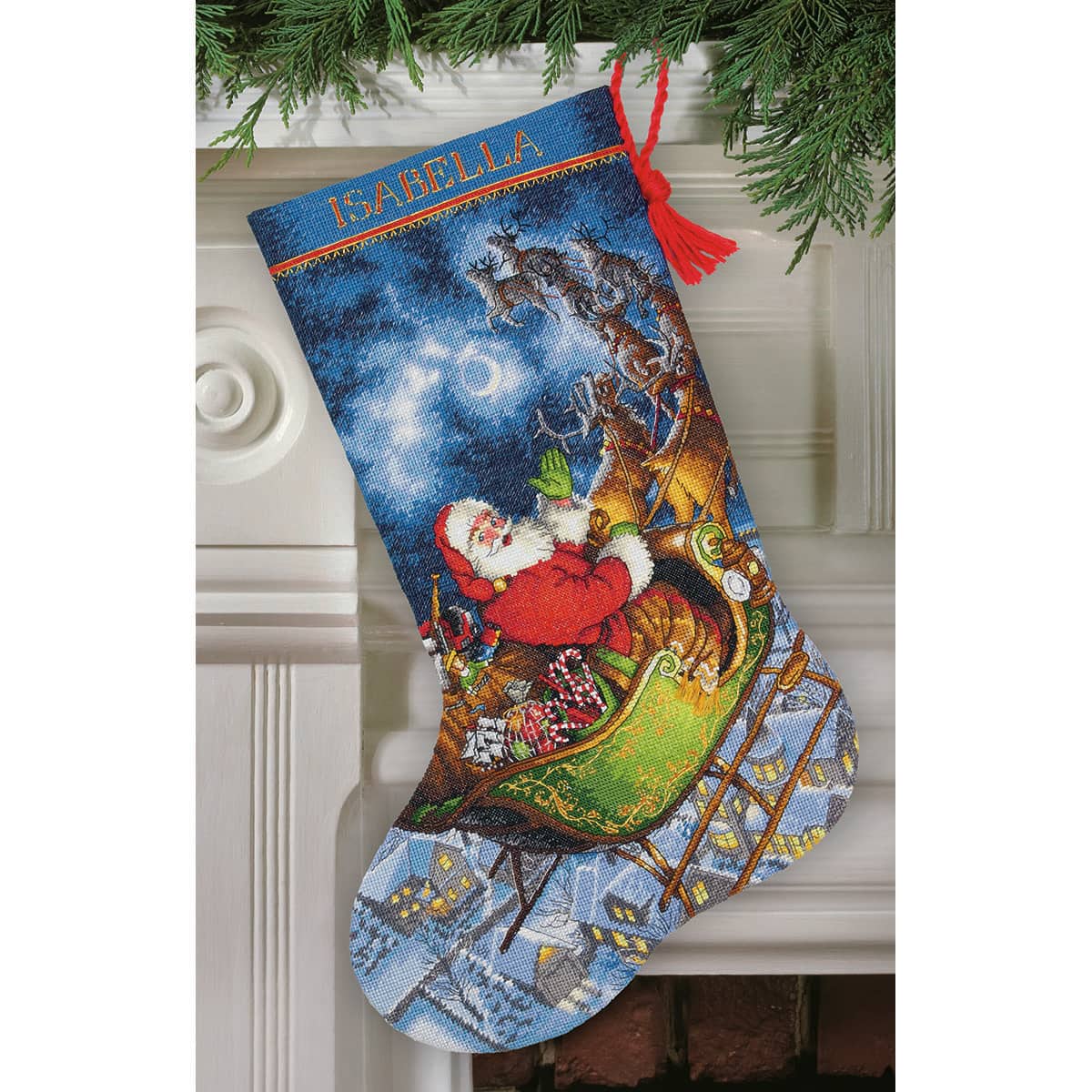 Dimensions Counted Cross Stitch Santas Sidecar Personalized Christmas Stocking Kit 16 14 Count Light Blue Aida