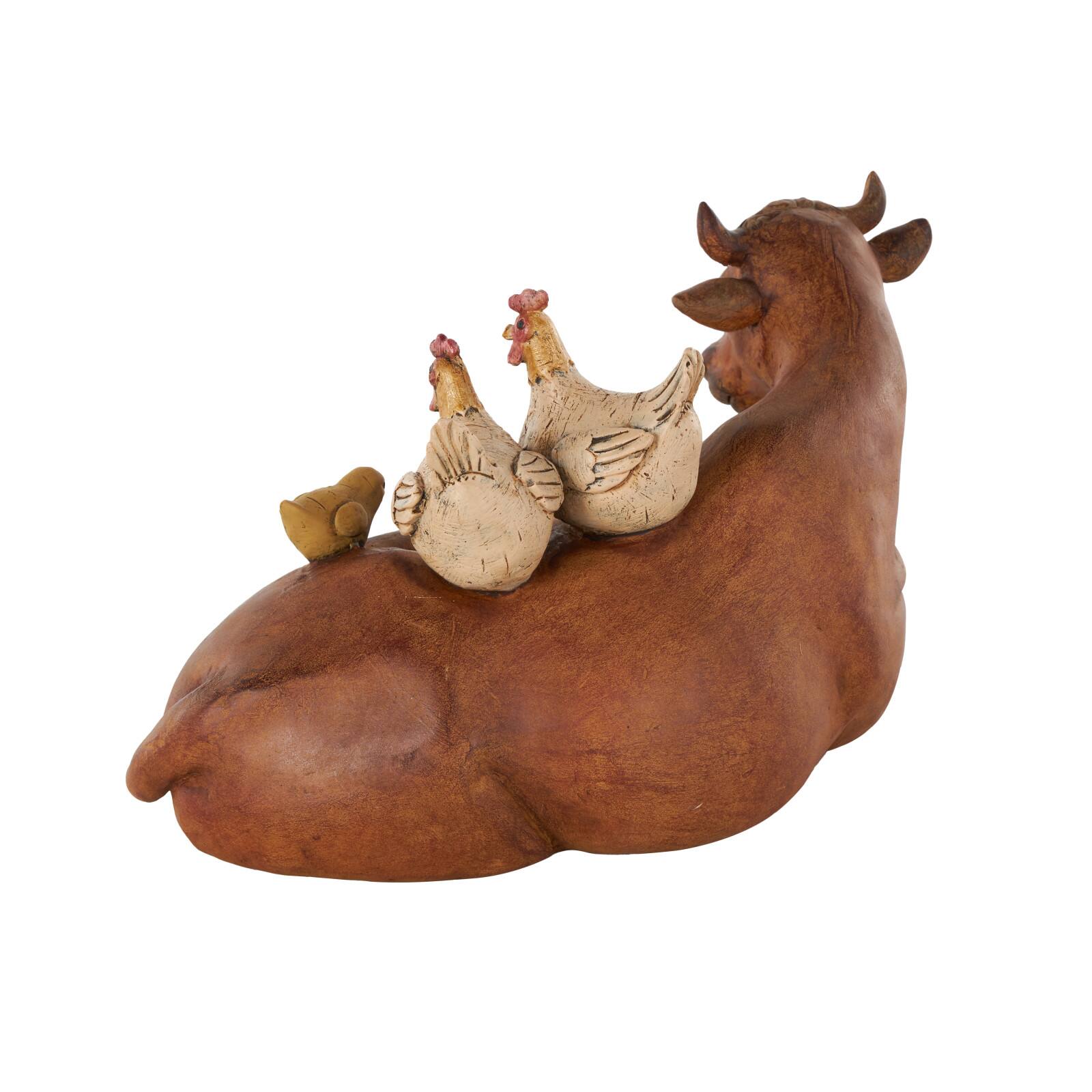 11.5" Copper Cow Decorative Sculpture with Sitting Roosters & Chicks