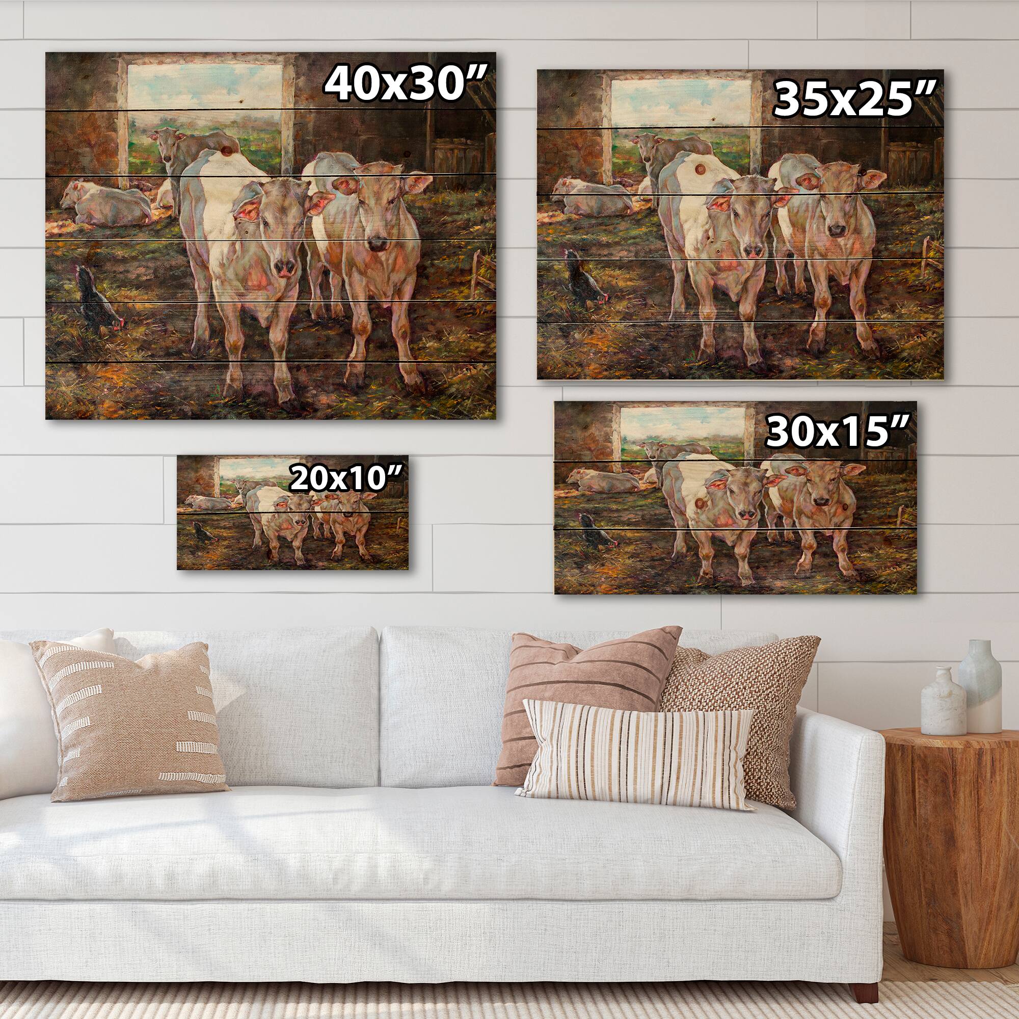 Designart - Two Cows In The Stable - Farmhouse Print on Natural Pine Wood