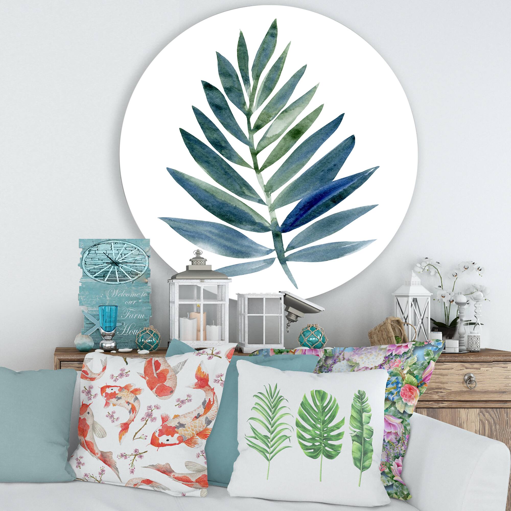 Designart - Tropical Green Leaf - Farmhouse Metal Circle Wall Art