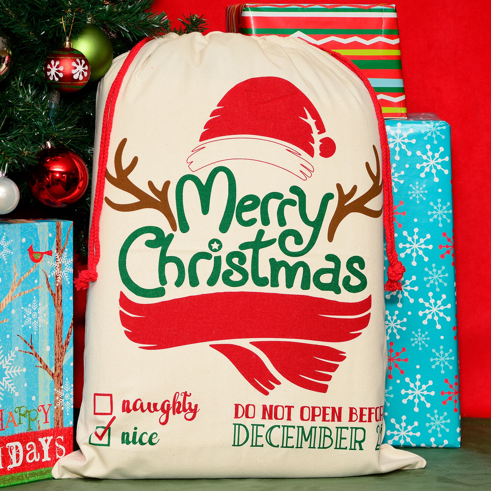 Personality Case&#x2122; 19&#x22; x 26&#x22; Red Scarf Cotton Christmas Drawstring Bag