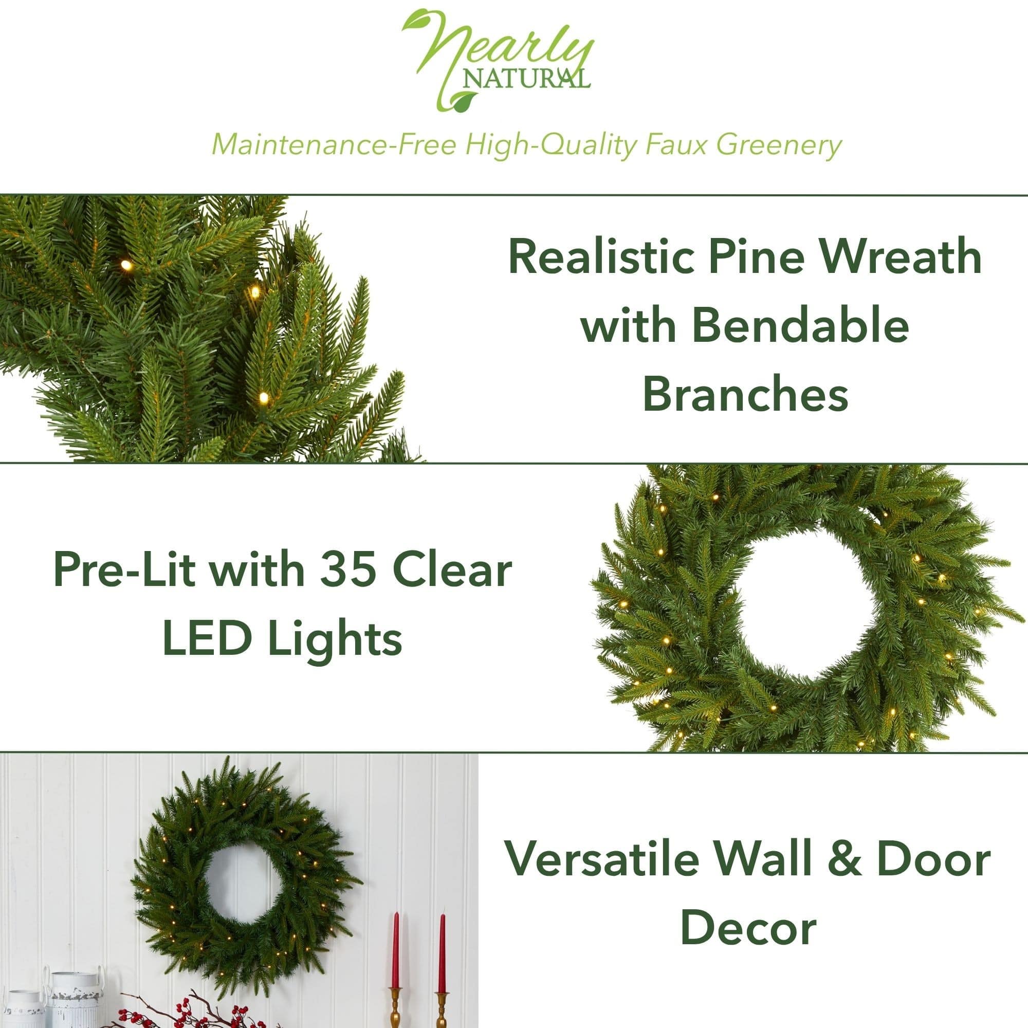 24" LED Long Pine Artificial Christmas Wreath