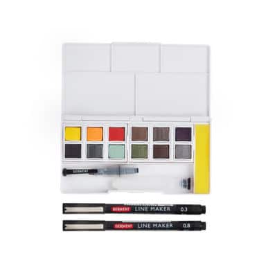 Derwent Line and Wash Paint Pan Set, 12-Color Set with 2 Line Makers