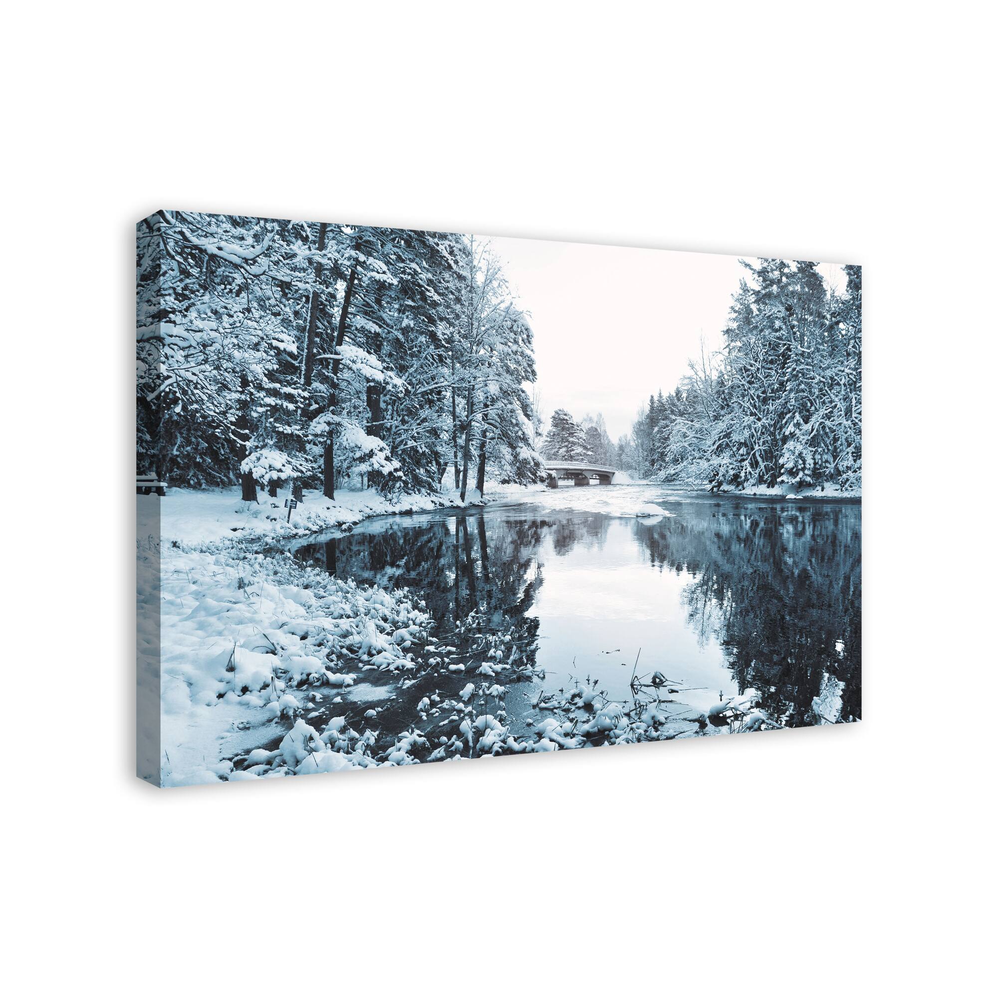 Snowy Park Lake Pine Trees 36x24 Canvas Wall Art
