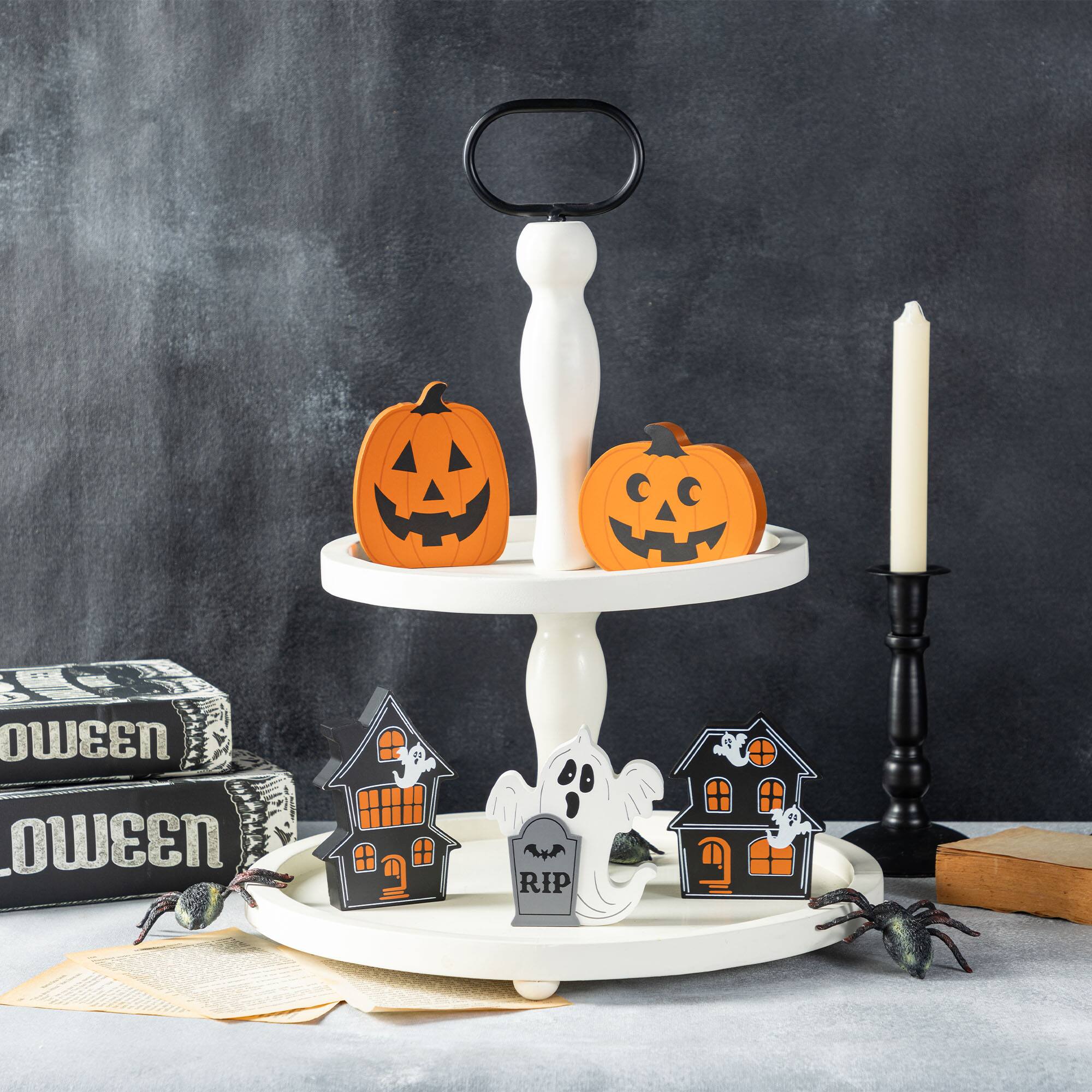 Glitzhome® Halloween Wooden Haunted House, Pumpkin & Ghost Table Block Set