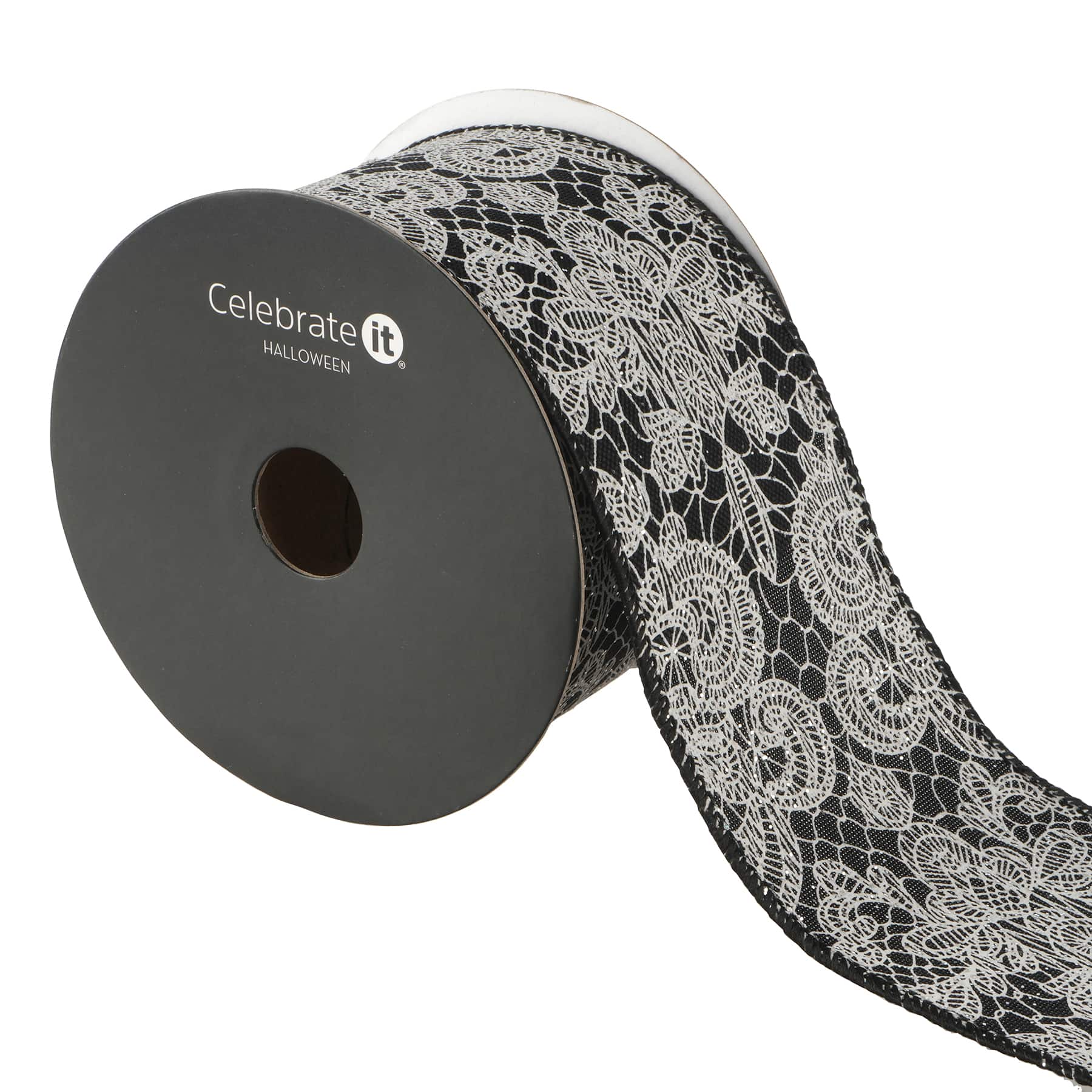 2.5&#x22; x 20ft. Black &#x26; White Wired Floral Lace Ribbon by Celebrate It&#xAE; Halloween