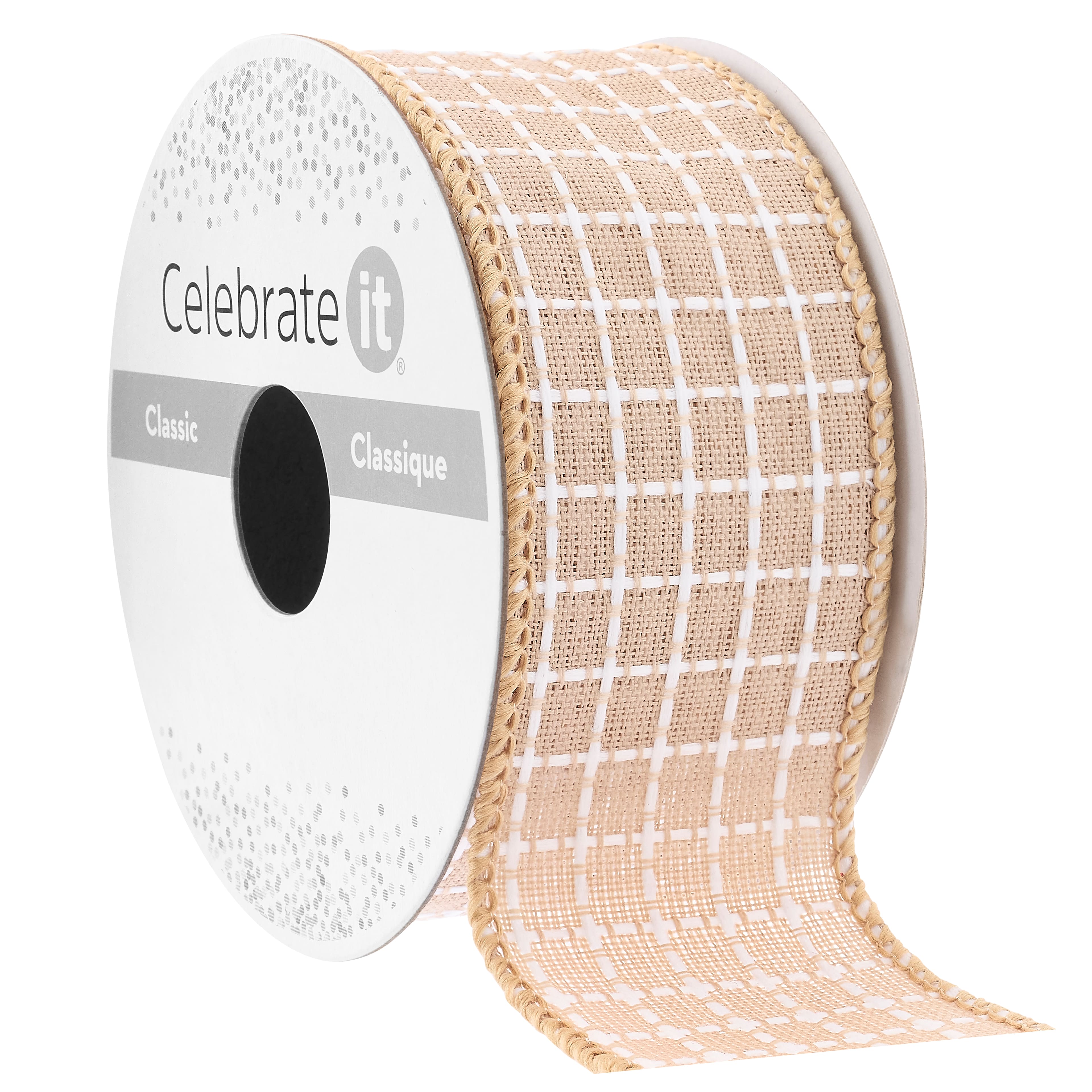 1.5&#x22; x 3yd. Faux Linen Wired Grid Ribbon by Celebrate It&#x2122; Classic