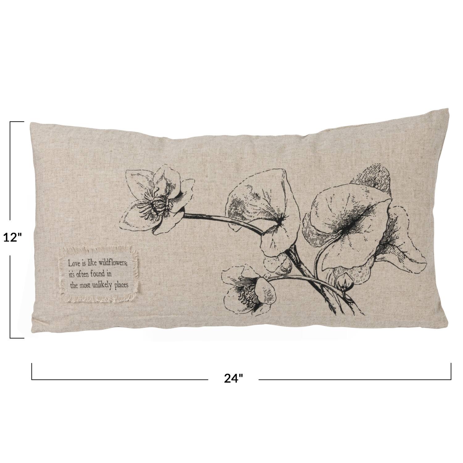 Hello Honey&#xAE; Natural &#x26; Black Text, Flowers &#x26; Bird Designs Linen Blend Lumbar Pillow