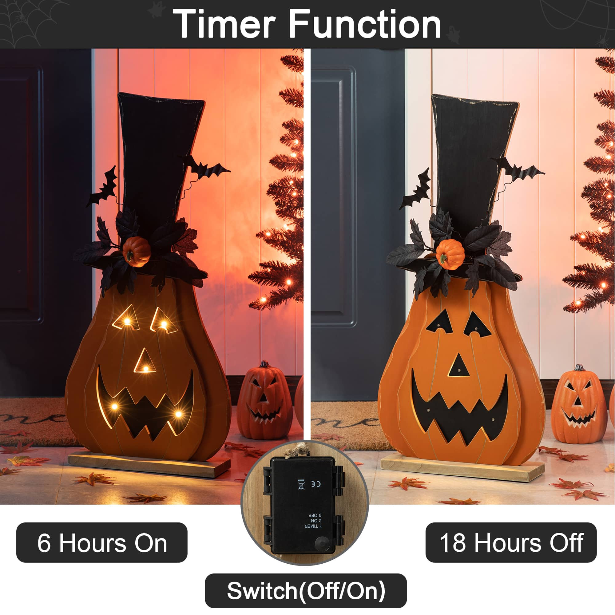 Glitzhome&#xAE; 30&#x22; Halloween Lighted Wood Floral Jack-O&#x27;-Lantern Porch D&#xE9;cor with Timer