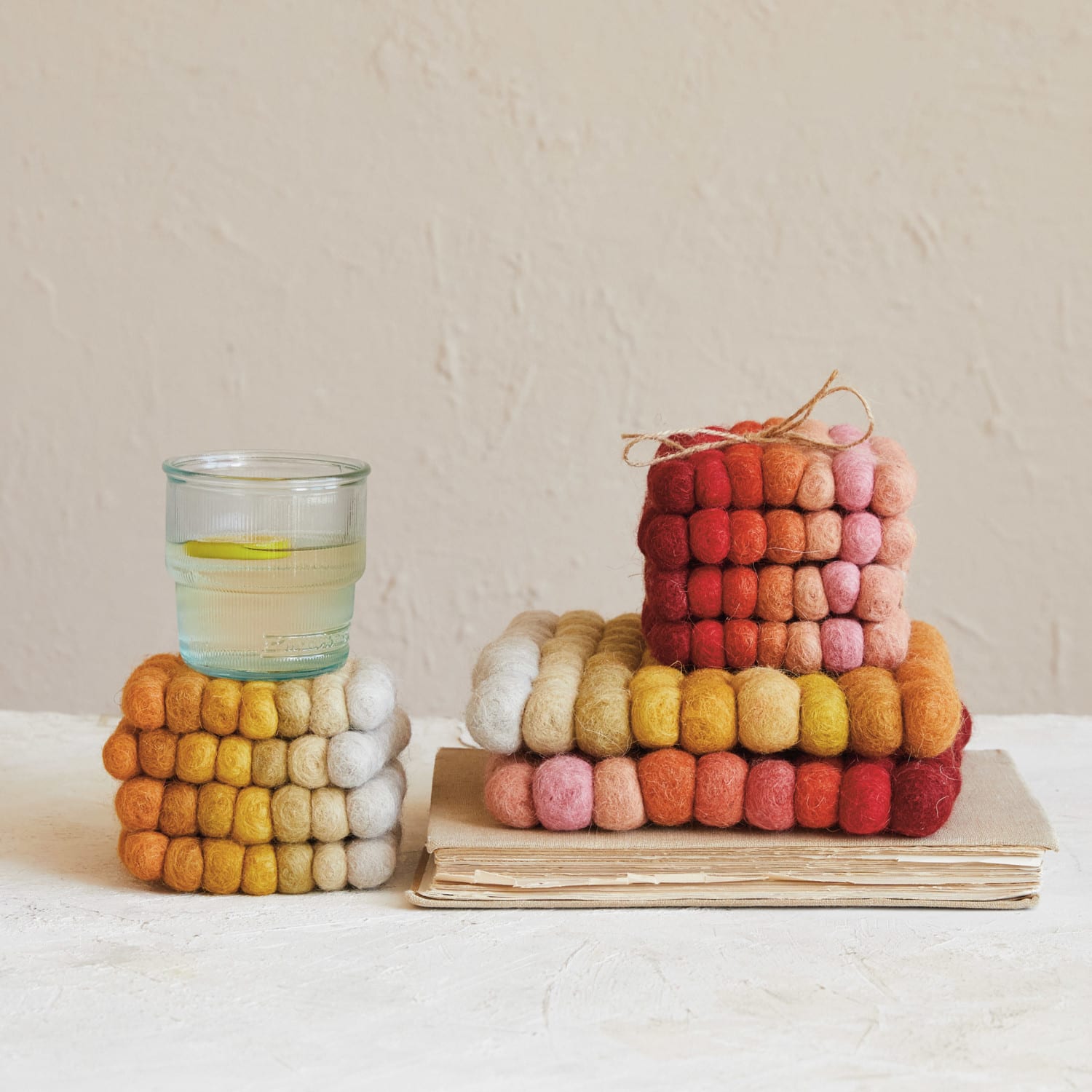 4&#x22; Yellow, Orange &#x26; Cream Handmade Wool Felt Ball Coaster Set