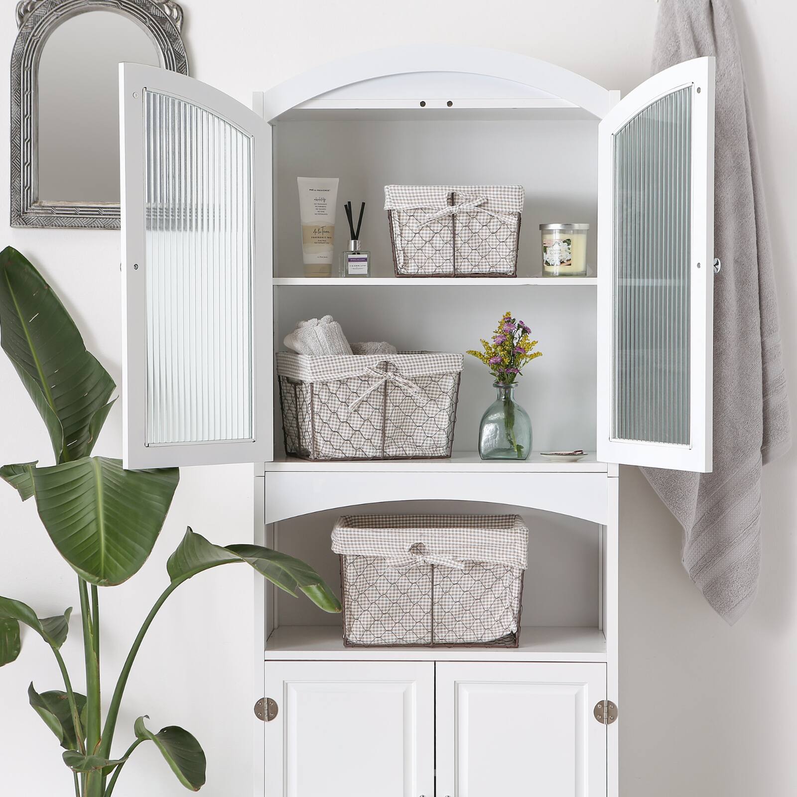 DII® Rustic Bronze Chicken Wire Baskets with Stone Gingham Liners Set