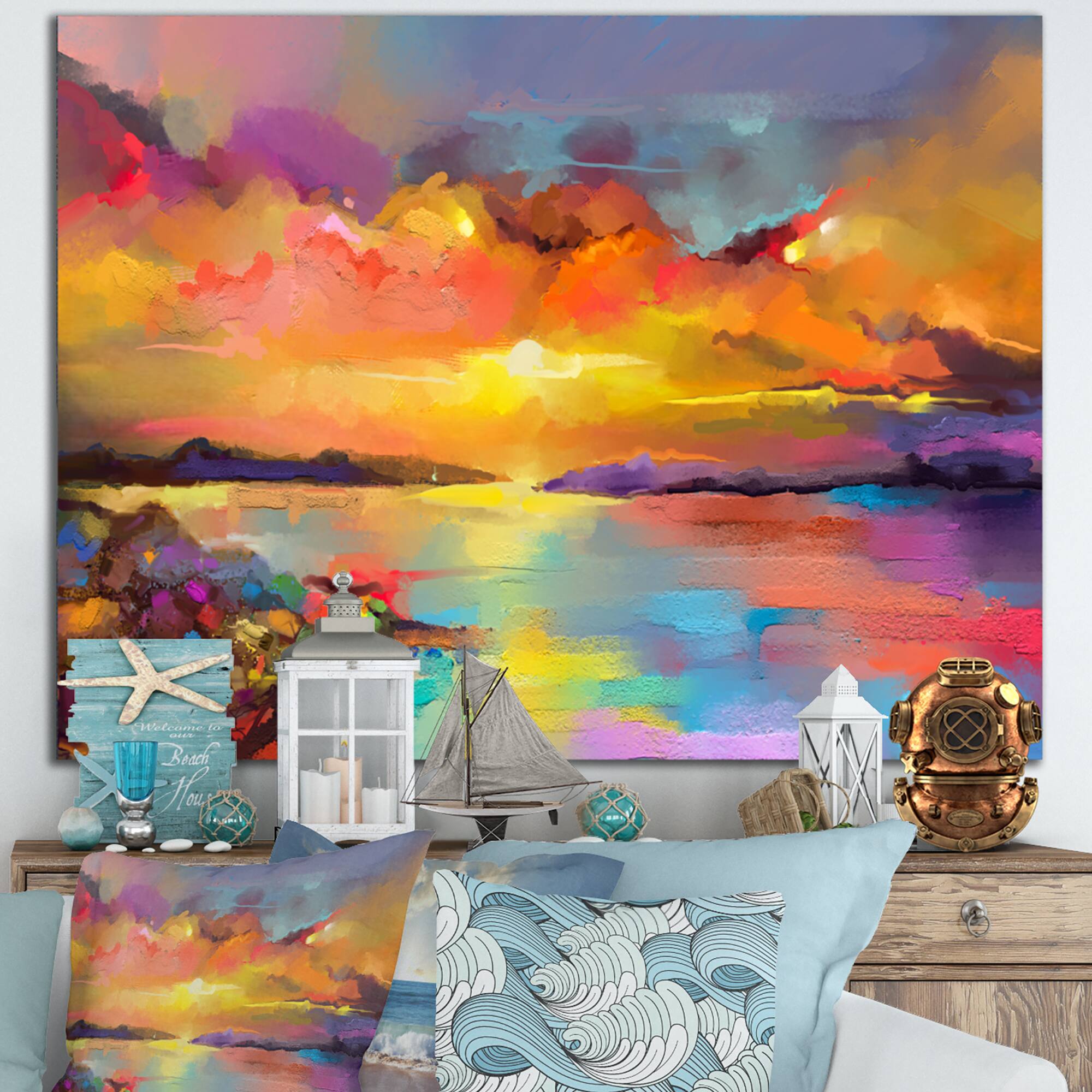 Designart - Sunset Painting With Colorful Reflections I - Modern & Contemporary Canvas Wall Art Print