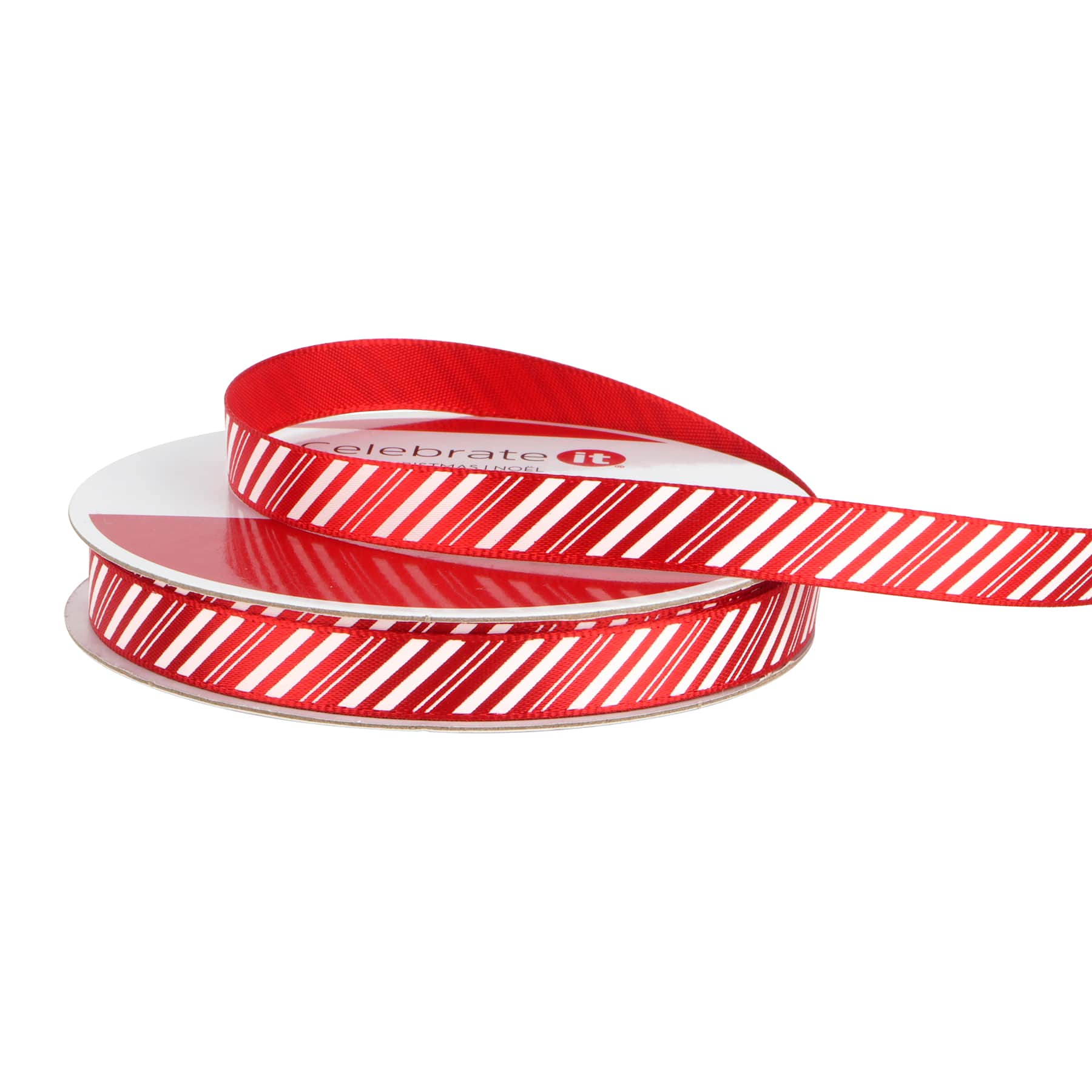 3/8&#x22; x 12ft. Red &#x26; White Diagonal Stripes Ribbon by Celebrate It&#xAE; Christmas