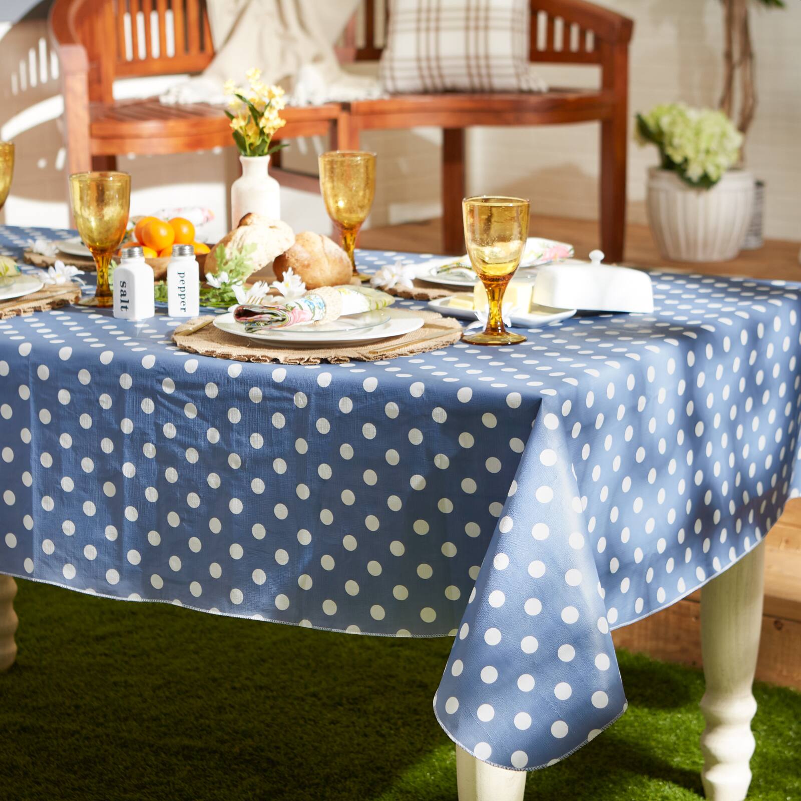 Stonewash Blue Polka Dot Vinyl Tablecloth 60" x 84"