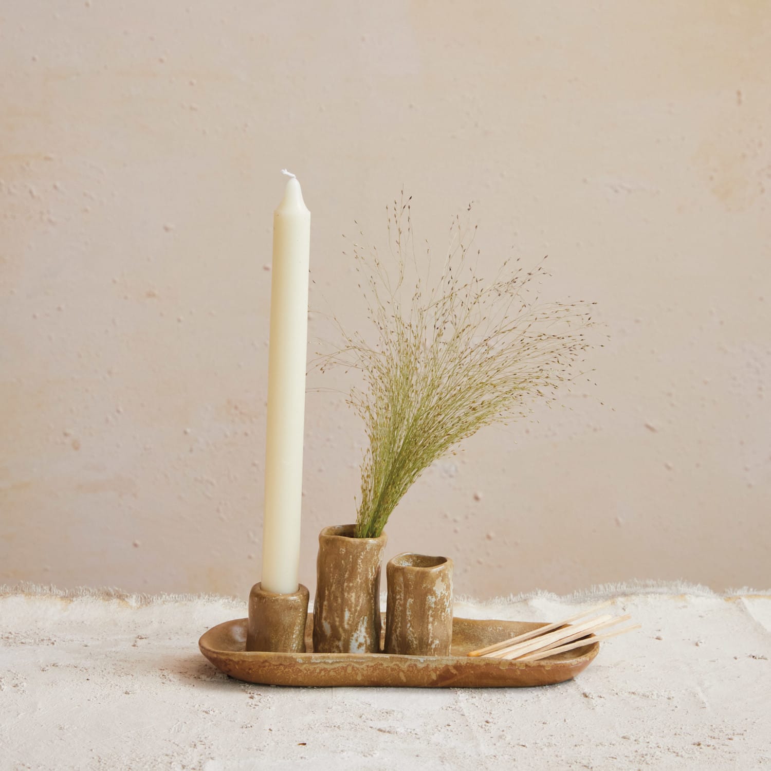 Brown Stoneware Vases &#x26; Candle Holder on Tray