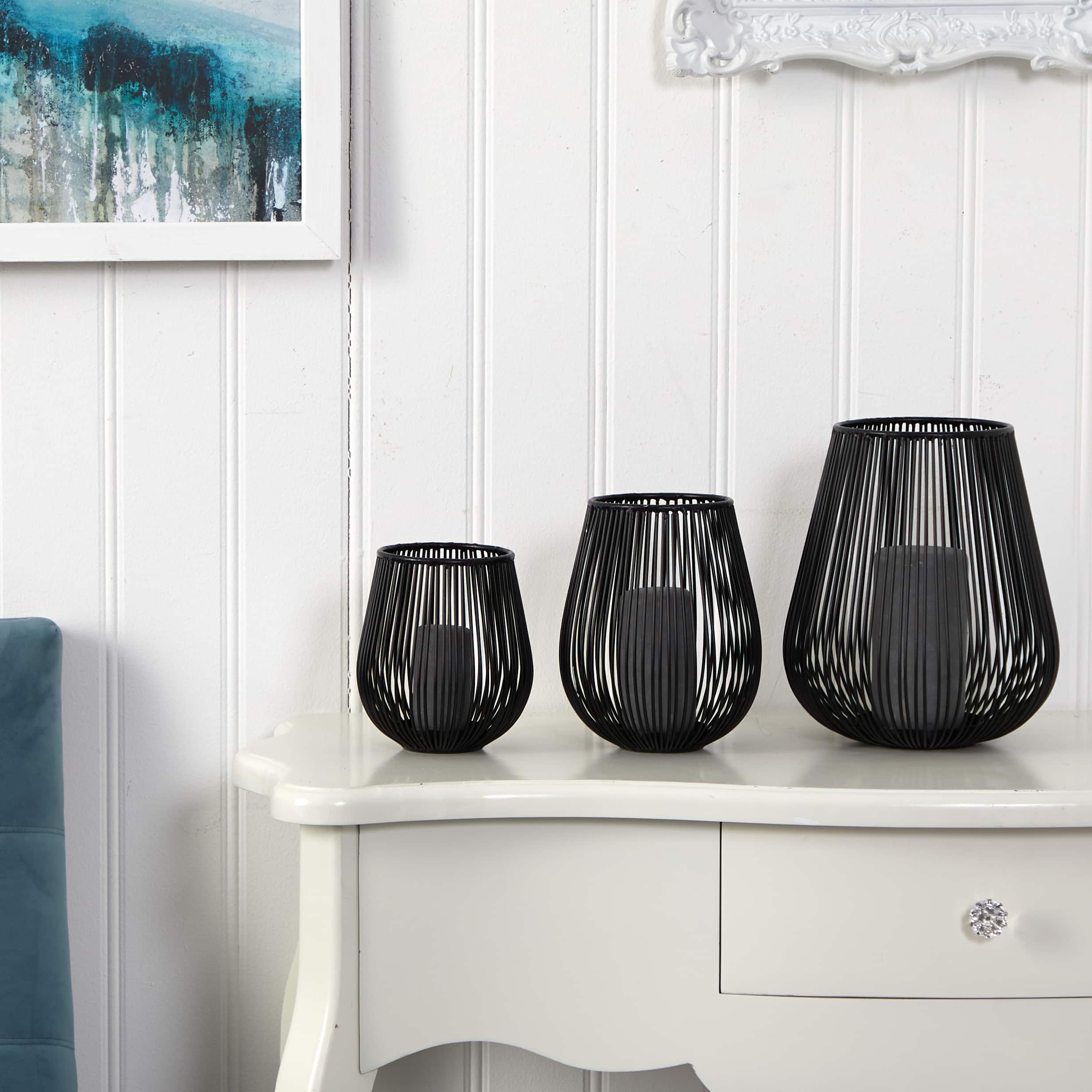 Vintage Black Metal Wire Tea Votive Lantern Candle Holder Set