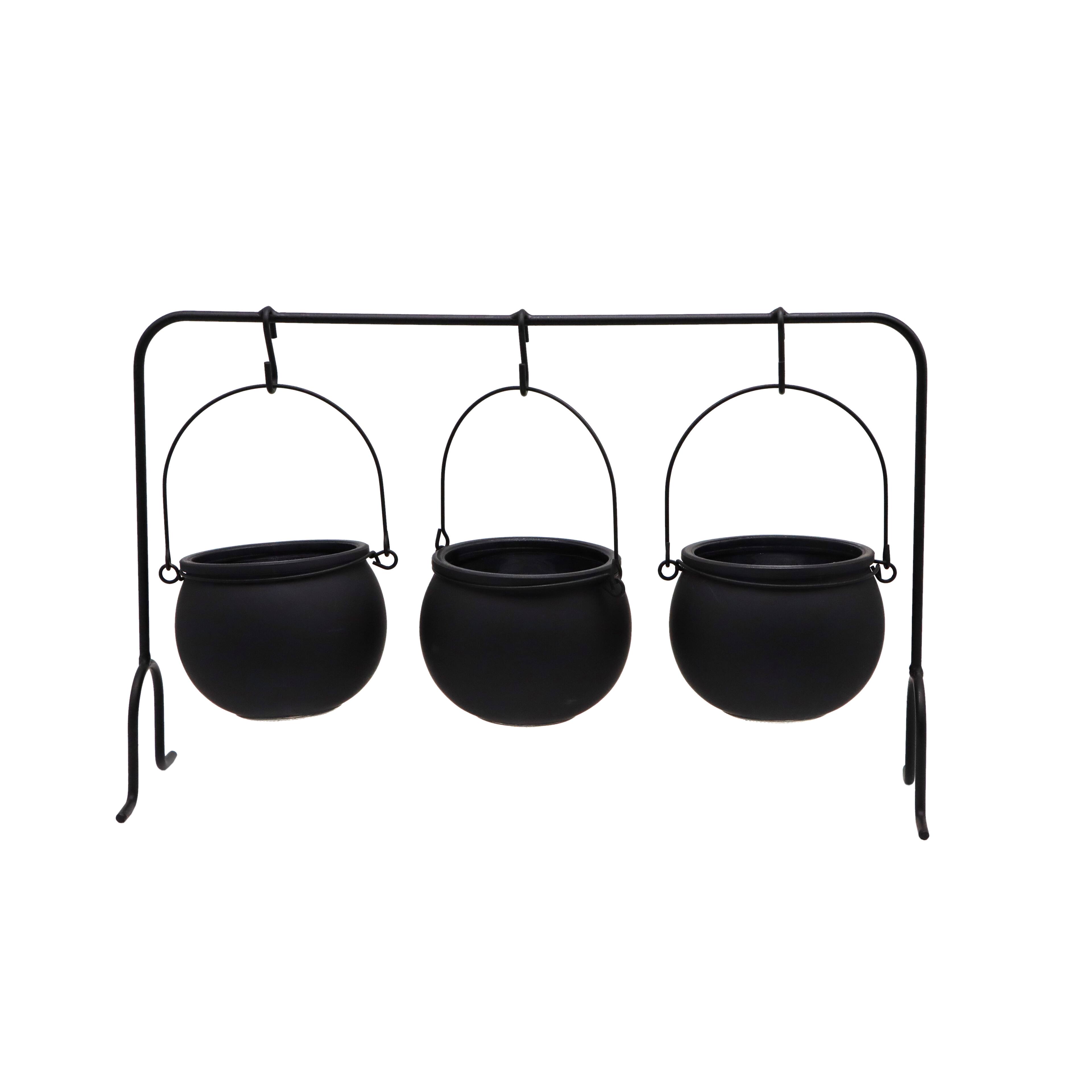 9" Black Glass Hanging Cauldrons Accent