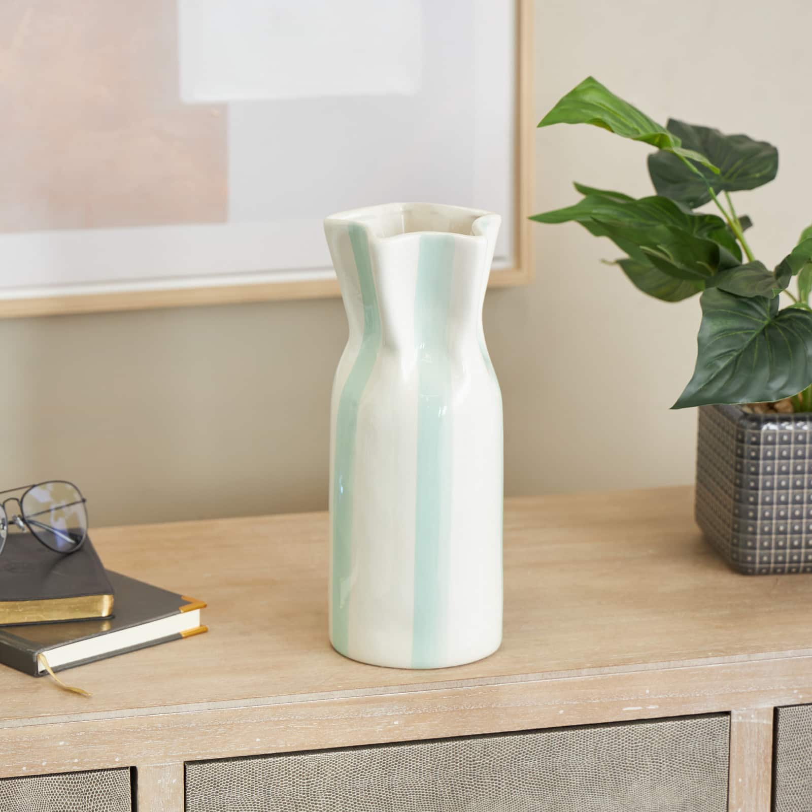 12" White & Teal Stripes Round Wide Ceramic Vase