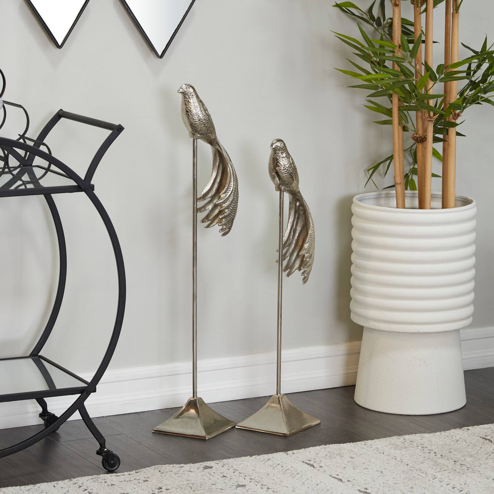 Silver Aluminum Eclectic Birds Sculpture, Set of 2&#x22; 32&#x22;, 27&#x22;