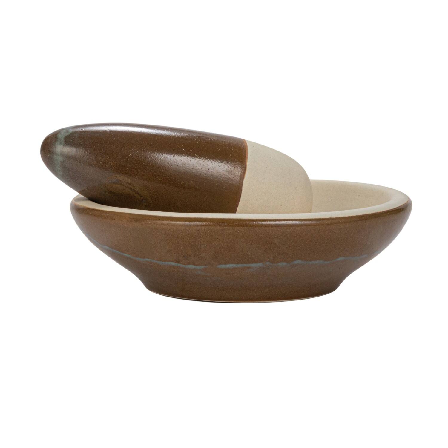 Hello Honey&#xAE; Brown &#x26; Cream Reactive Glaze Stoneware Mortar &#x26; Pestle