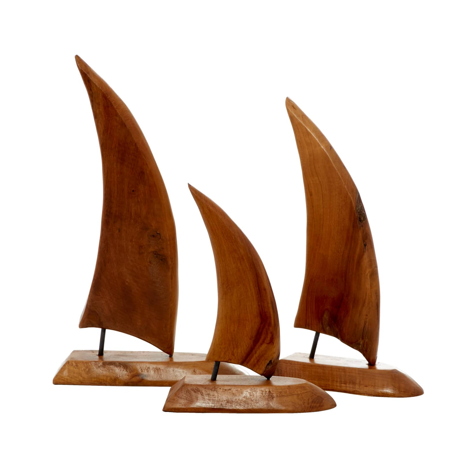 Set of 3 Brown Teak Wood Sail Boat Sculpture 20